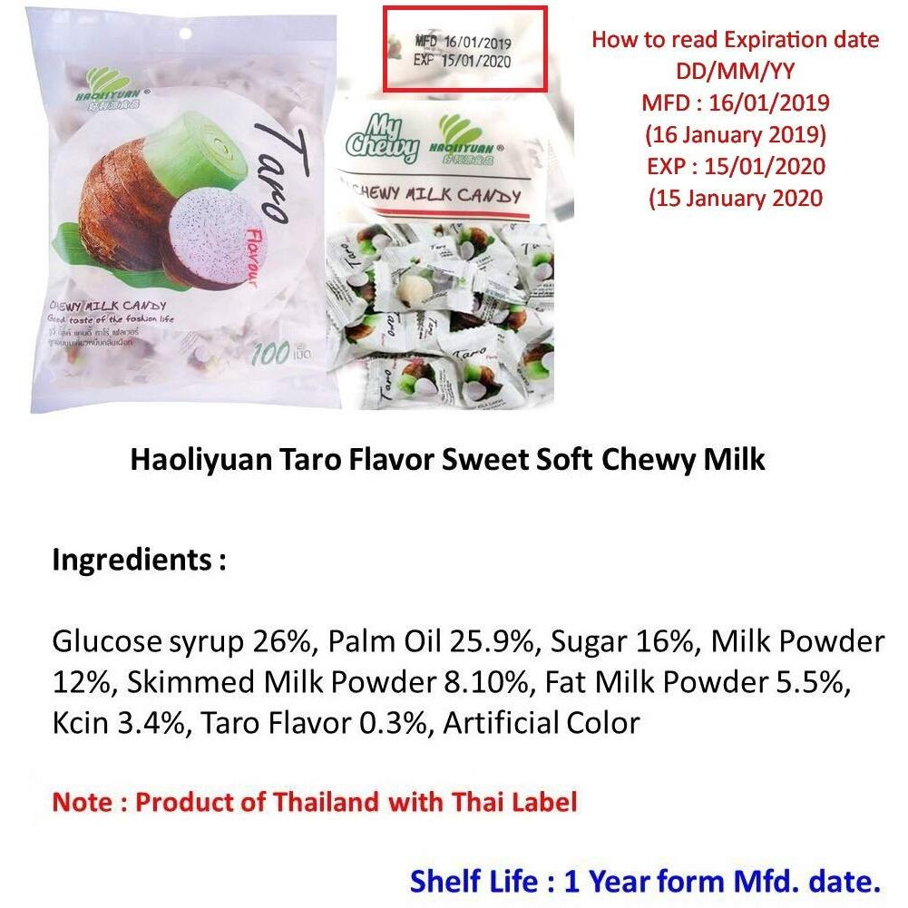Haoliyuan Taro Flavor Sweet Soft Chewy Milk Candy, 100 Pieces (13.4 Oz)