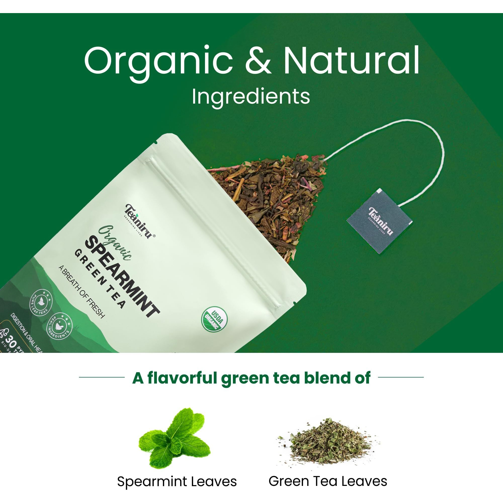 Teaniru, Spearmint Green Tea - 30 Count | For Quick Digestion & Healthy Skin | High In Antioxidants, Vitamin C & Iron | Your Anytime Elixir | Certified By Usda Organic