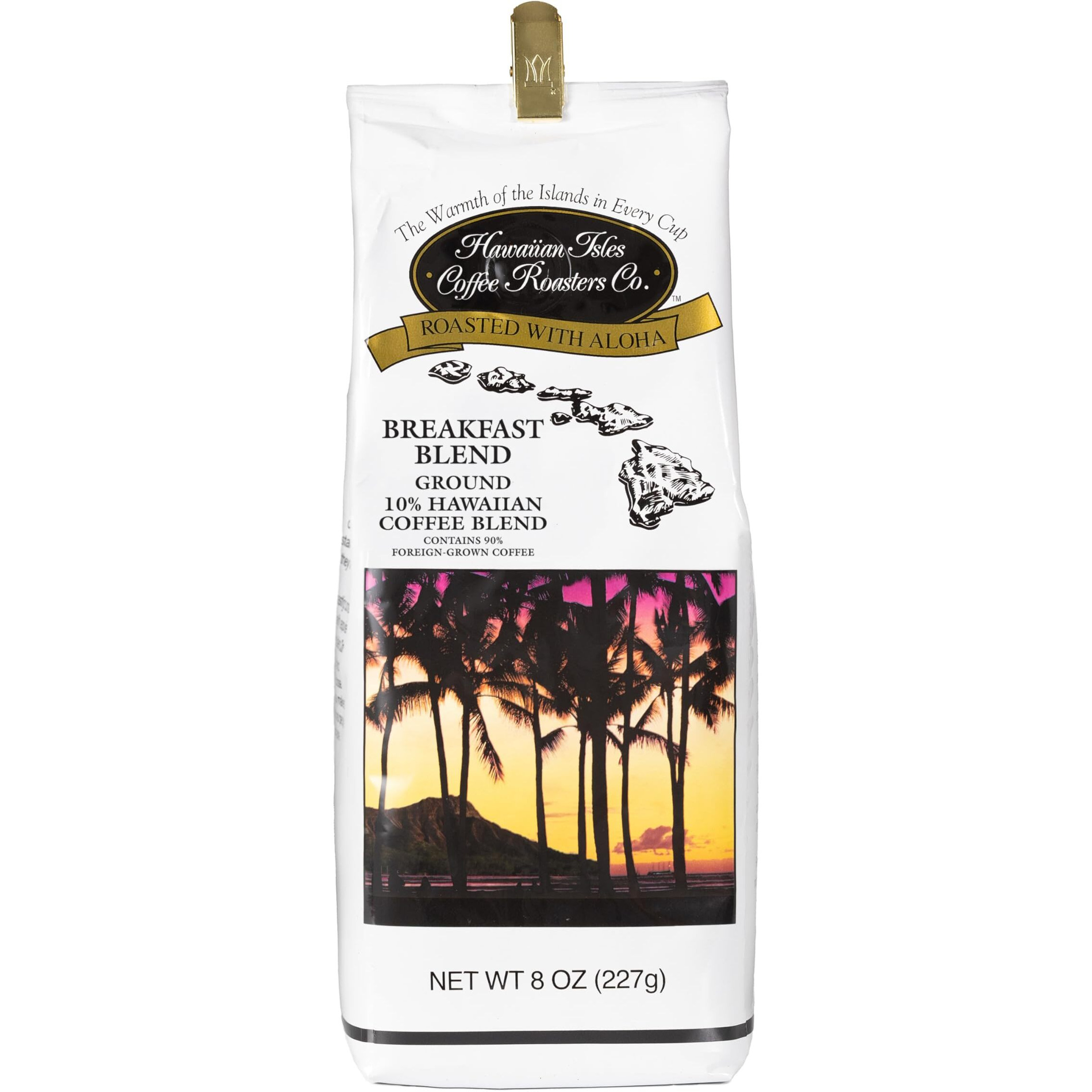 Hawaiian Isles Coffee Breakfast Blend, Light Roast Ground Coffee,10% Hawaiian Coffee Blend, Roasted With Aloha - 8 Ounce Bag