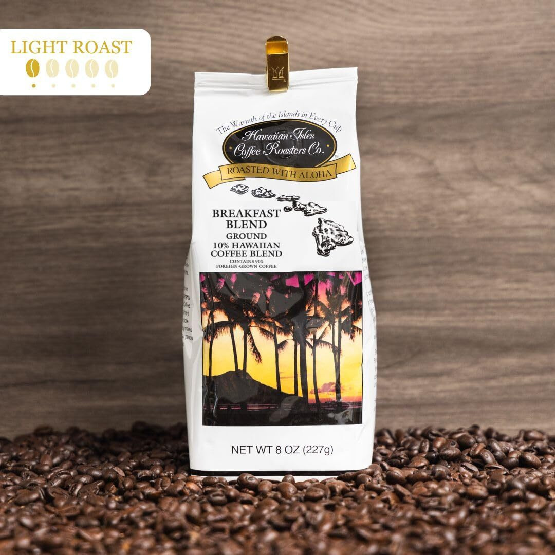 Hawaiian Isles Coffee Breakfast Blend, Light Roast Ground Coffee,10% Hawaiian Coffee Blend, Roasted With Aloha - 8 Ounce Bag