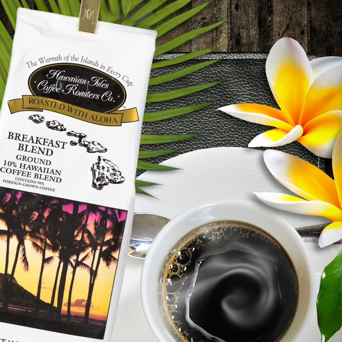 Hawaiian Isles Coffee Breakfast Blend, Light Roast Ground Coffee,10% Hawaiian Coffee Blend, Roasted With Aloha - 8 Ounce Bag
