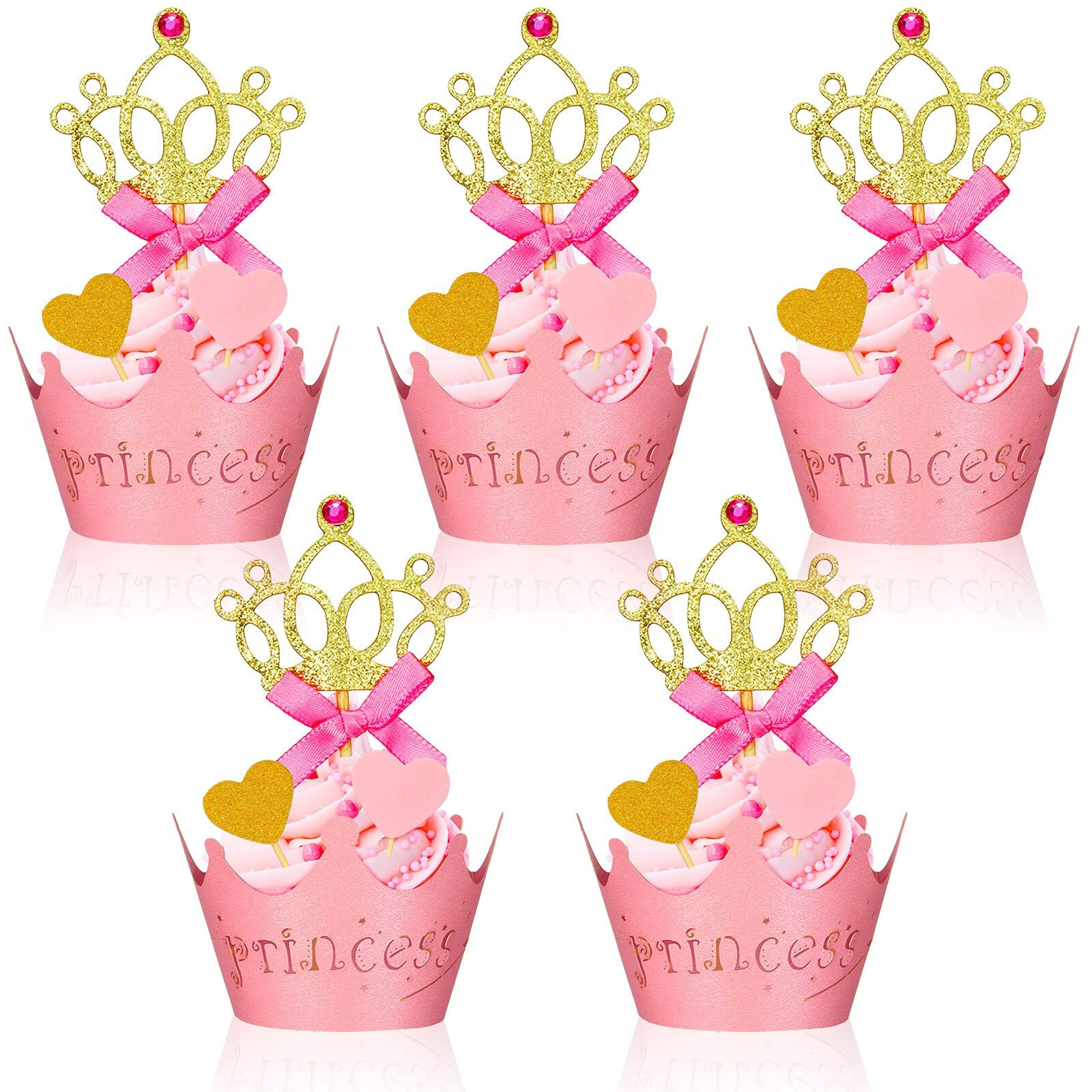 72 Pieces Glittery Princess Cupcake Toppers Crown Cupcake Wrapper Holder Pink Gold Crown Tiara Cupcake Pick Glitter Heart Cupcake Topper Baby Shower Cupcake Decoration For Birthday Wedding Party Decor