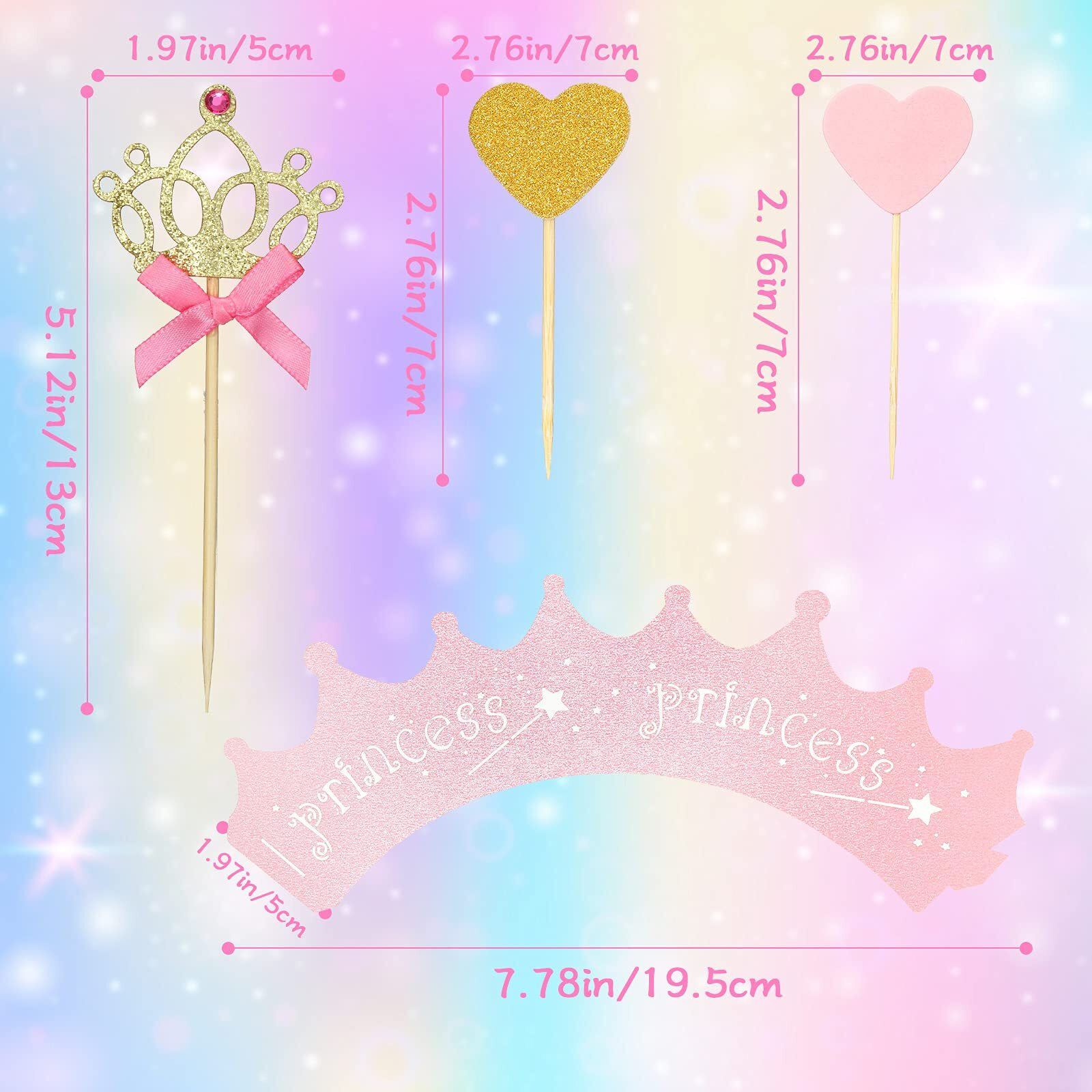 72 Pieces Glittery Princess Cupcake Toppers Crown Cupcake Wrapper Holder Pink Gold Crown Tiara Cupcake Pick Glitter Heart Cupcake Topper Baby Shower Cupcake Decoration For Birthday Wedding Party Decor