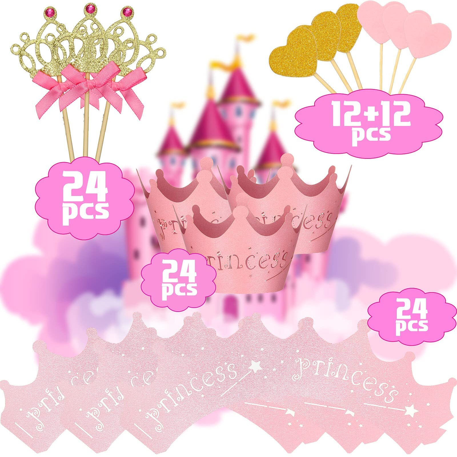 72 Pieces Glittery Princess Cupcake Toppers Crown Cupcake Wrapper Holder Pink Gold Crown Tiara Cupcake Pick Glitter Heart Cupcake Topper Baby Shower Cupcake Decoration For Birthday Wedding Party Decor