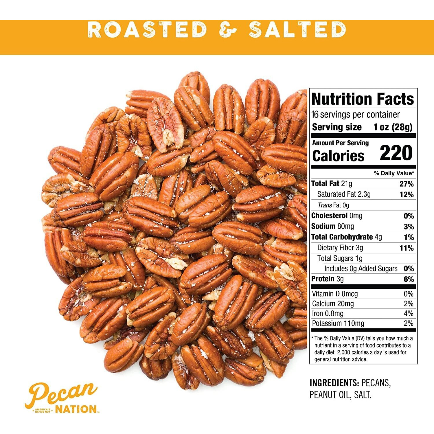 Pecan Nation Salted Pecan Halves 16 Oz., Natural, No Preservatives, Antioxidant-Rich, Low Carb, Dry Roasted, Healthy Nut Snack For Adults And Kids (2 Pack)