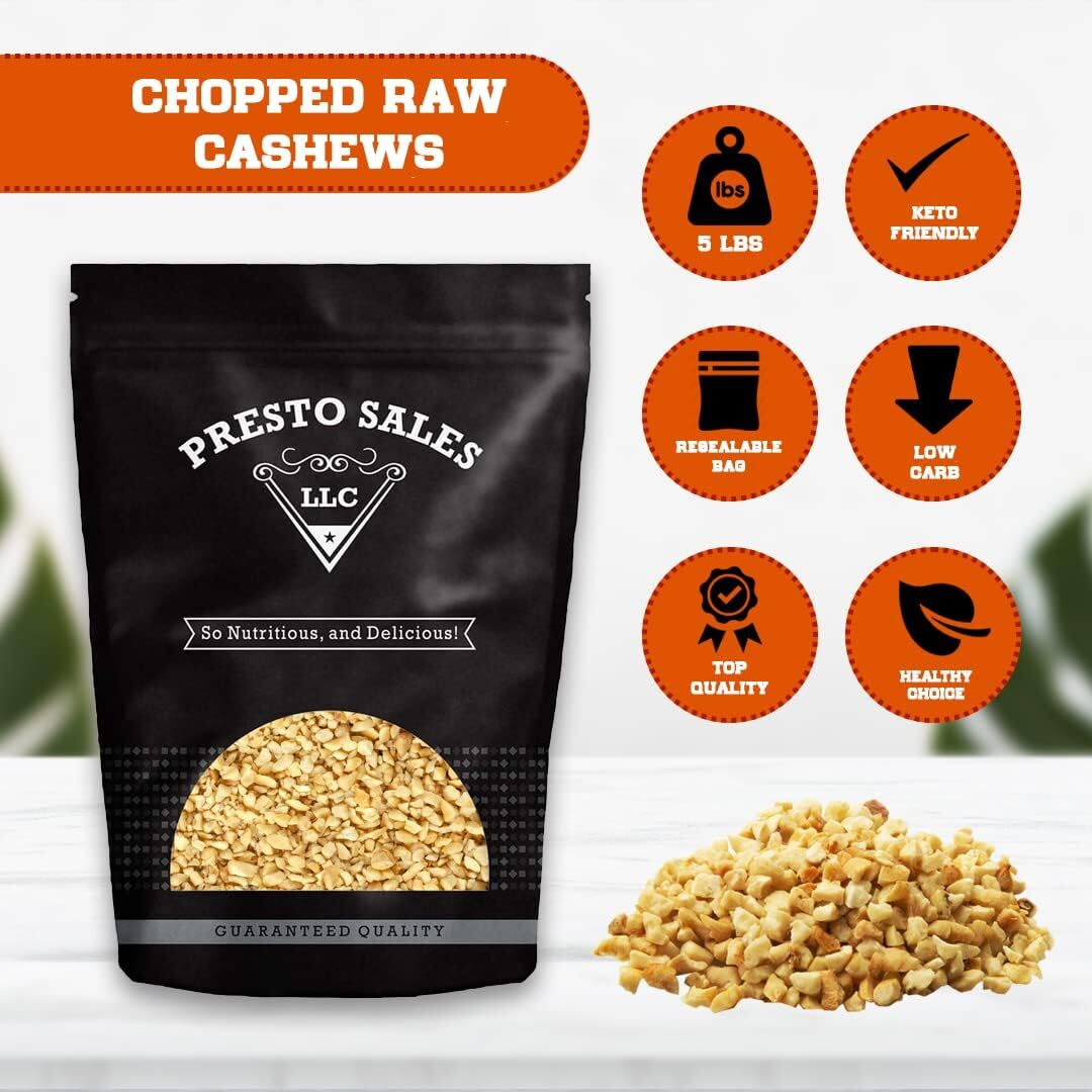 Cashews Fresh Quality Brazilian, Chopped Raw Nuts, Packed In 5 Lbs. (80 Oz.) Resealable Bag, Kind To Your Body, Healthy Protein, Vitamin & Mineral Nutritional Content, Vegan Snack By Presto Sales Llc