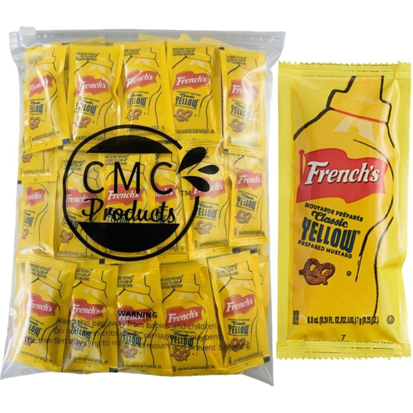 100 Count - Frenchs Mustard Condiment Packets Bundle In Cmc Products Food Safe Slide Seal Bag, Packaged By Cmc Products