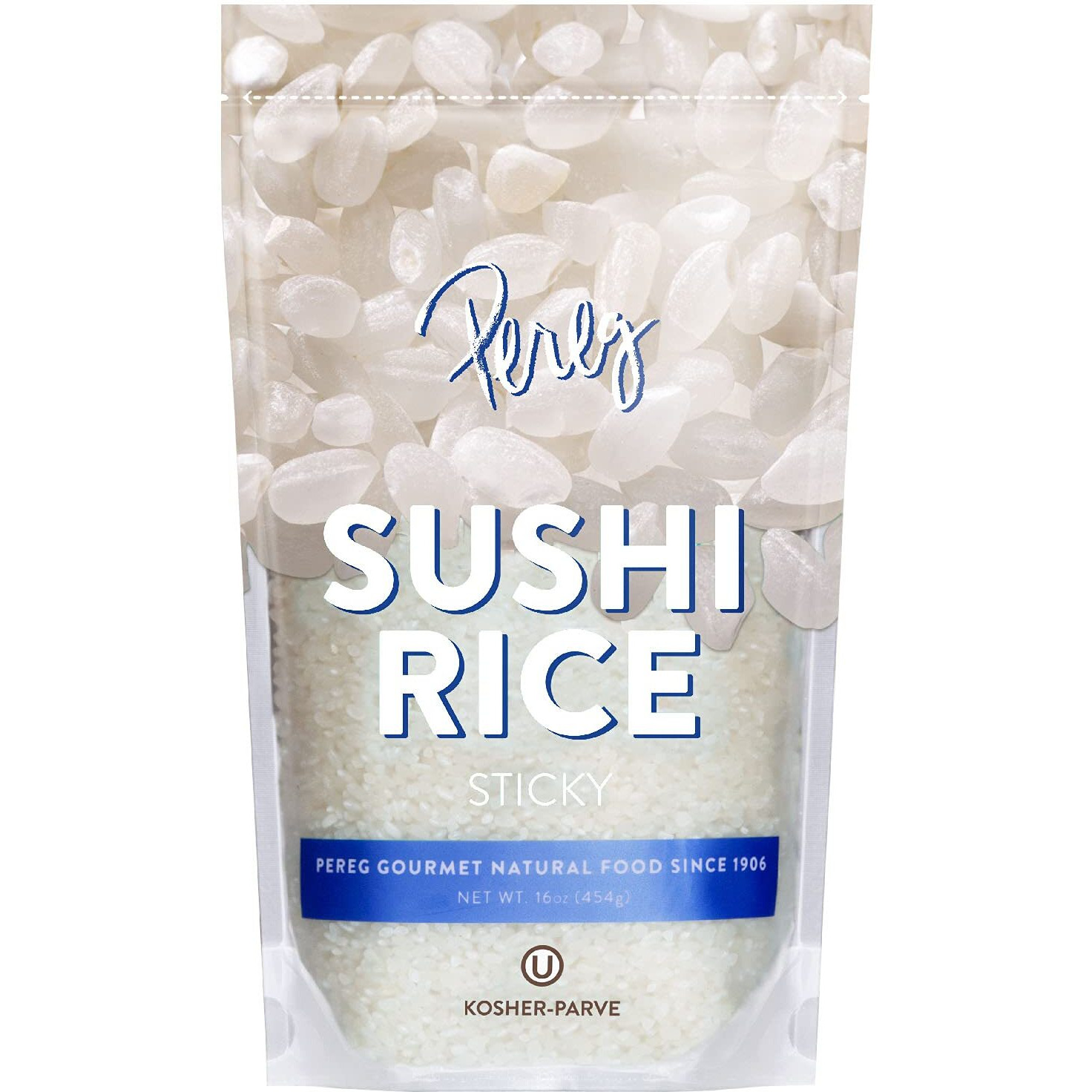 Pereg Natural Foods Sushi Rice (16 Oz) - White Sticky Short Grain - Vegan, Non-Gmo, Made In Usa, - Sushi, Rice Ball, And Everyday Japanese Dishes - Resealable Packaging