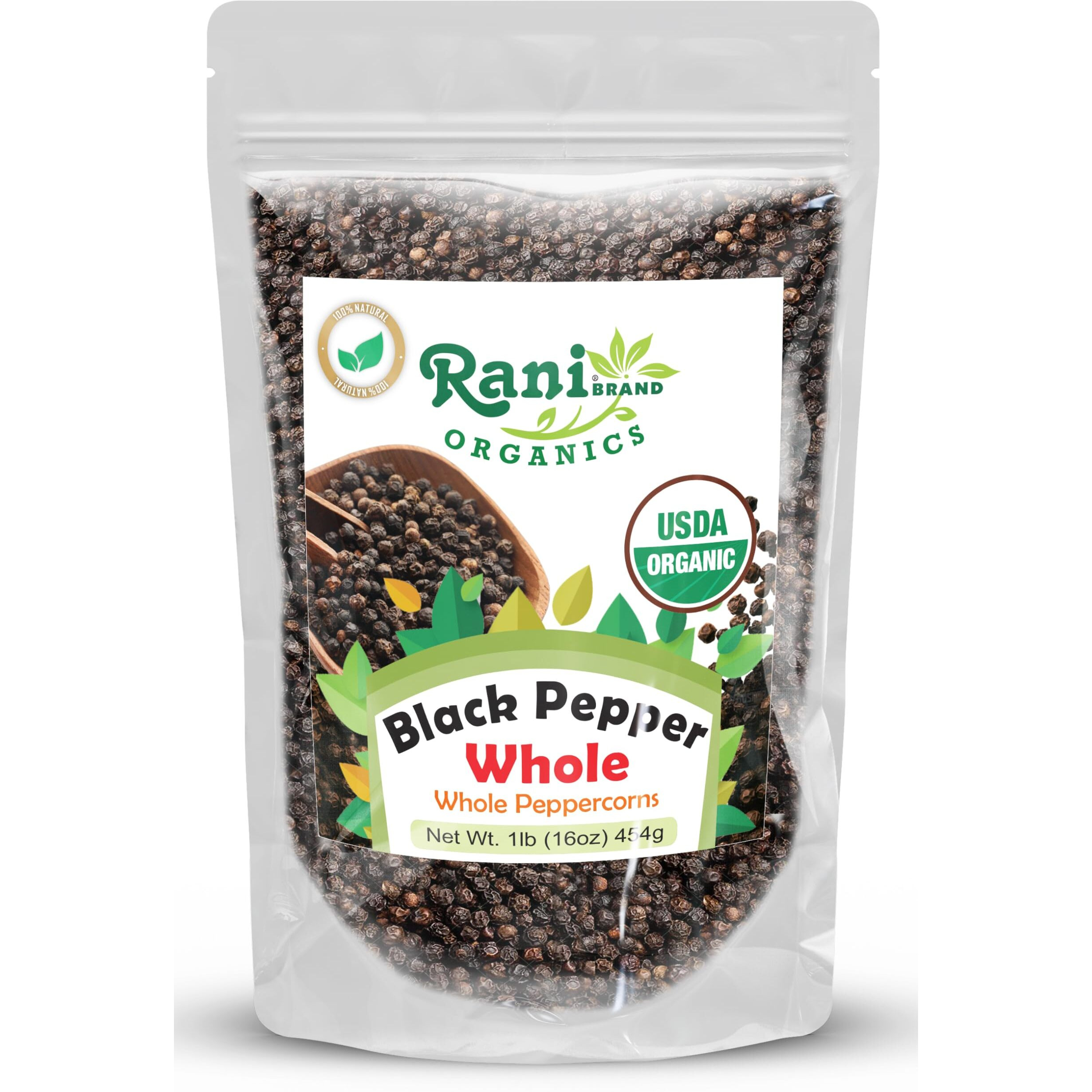 Rani Organic Black Pepper Whole (Peppercorns) Premium Mg-1 Grade 16Oz (1Lb) 454G ~ All Natural | Gluten Friendly | Non-Gmo | Usda Certified Organic | Kosher | Product Of Vietnam