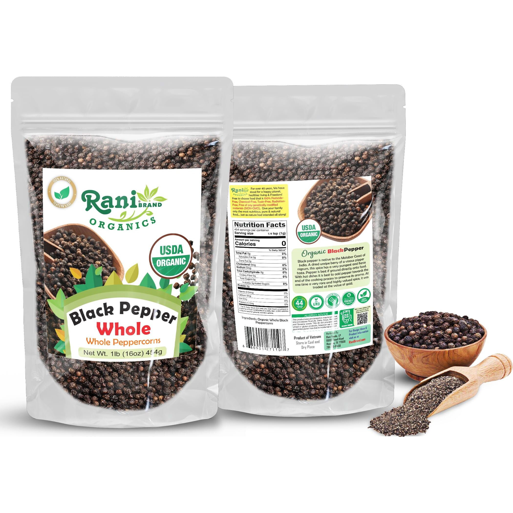 Rani Organic Black Pepper Whole (Peppercorns) Premium Mg-1 Grade 16Oz (1Lb) 454G ~ All Natural | Gluten Friendly | Non-Gmo | Usda Certified Organic | Kosher | Product Of Vietnam
