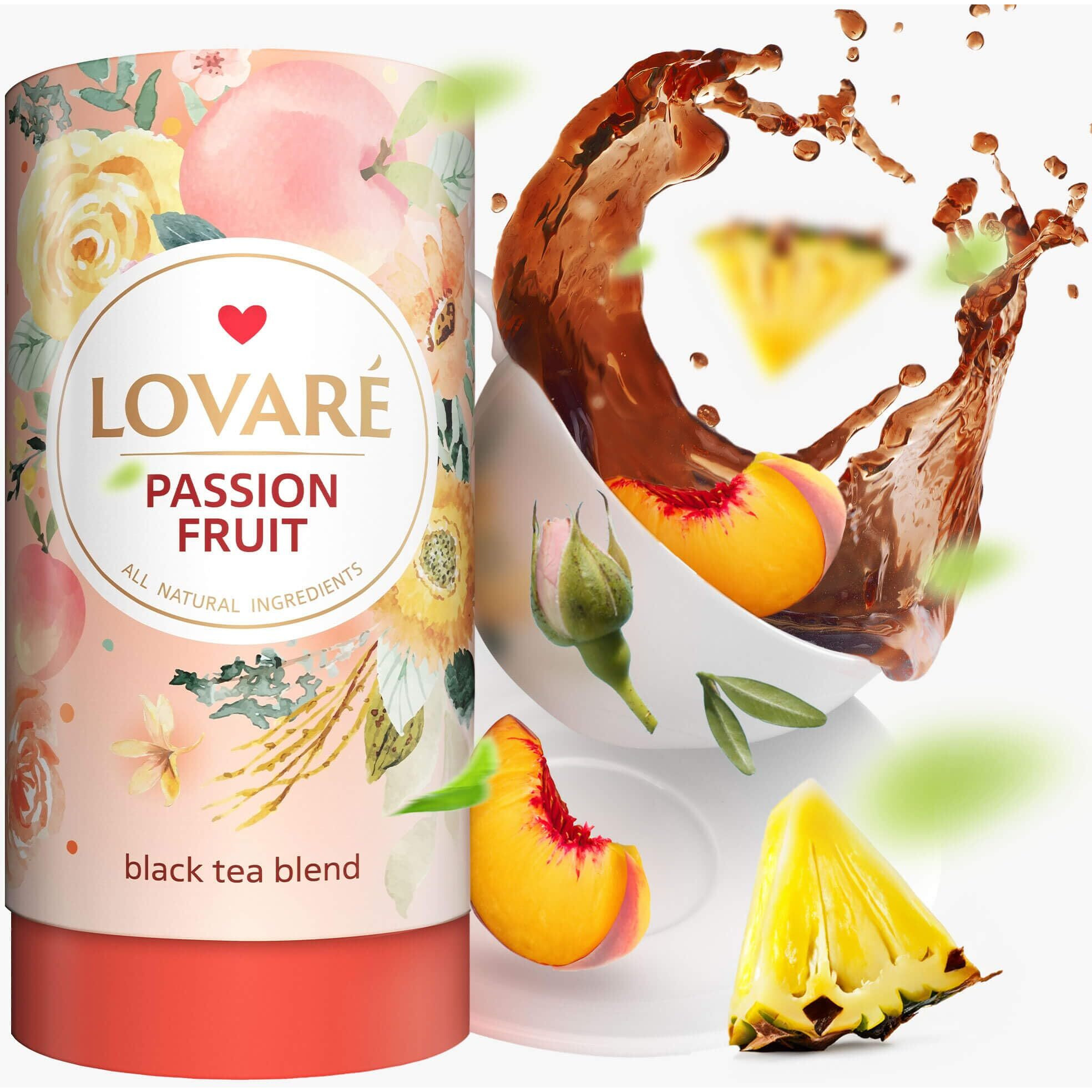Lovare Passion Fruit Loose Leaf Tea 80 G - Made In Ukraine - Black Tea, Orange Peel, Rosebuds, Calendula Petals, Safflower Petals, Pineapple, Peach With 15 Paper Filters