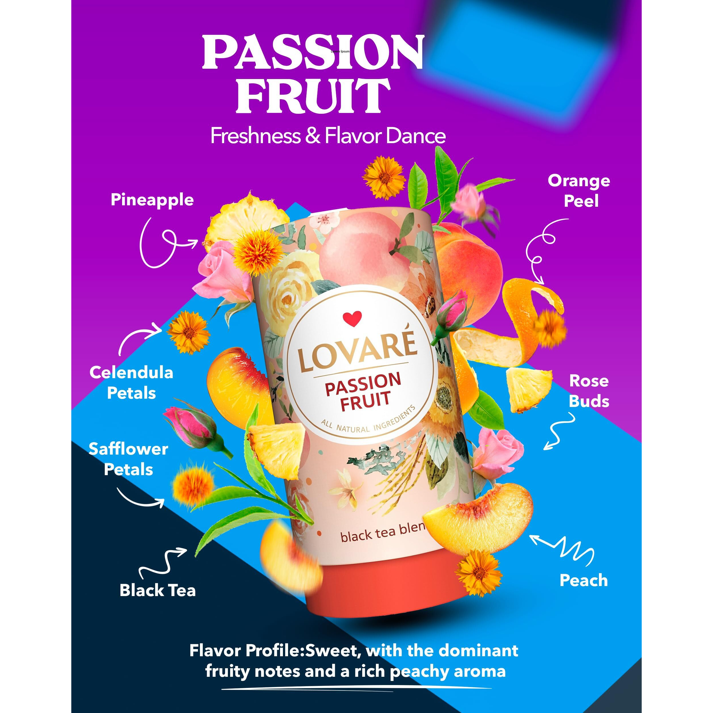 Lovare Passion Fruit Loose Leaf Tea 80 G - Made In Ukraine - Black Tea, Orange Peel, Rosebuds, Calendula Petals, Safflower Petals, Pineapple, Peach With 15 Paper Filters