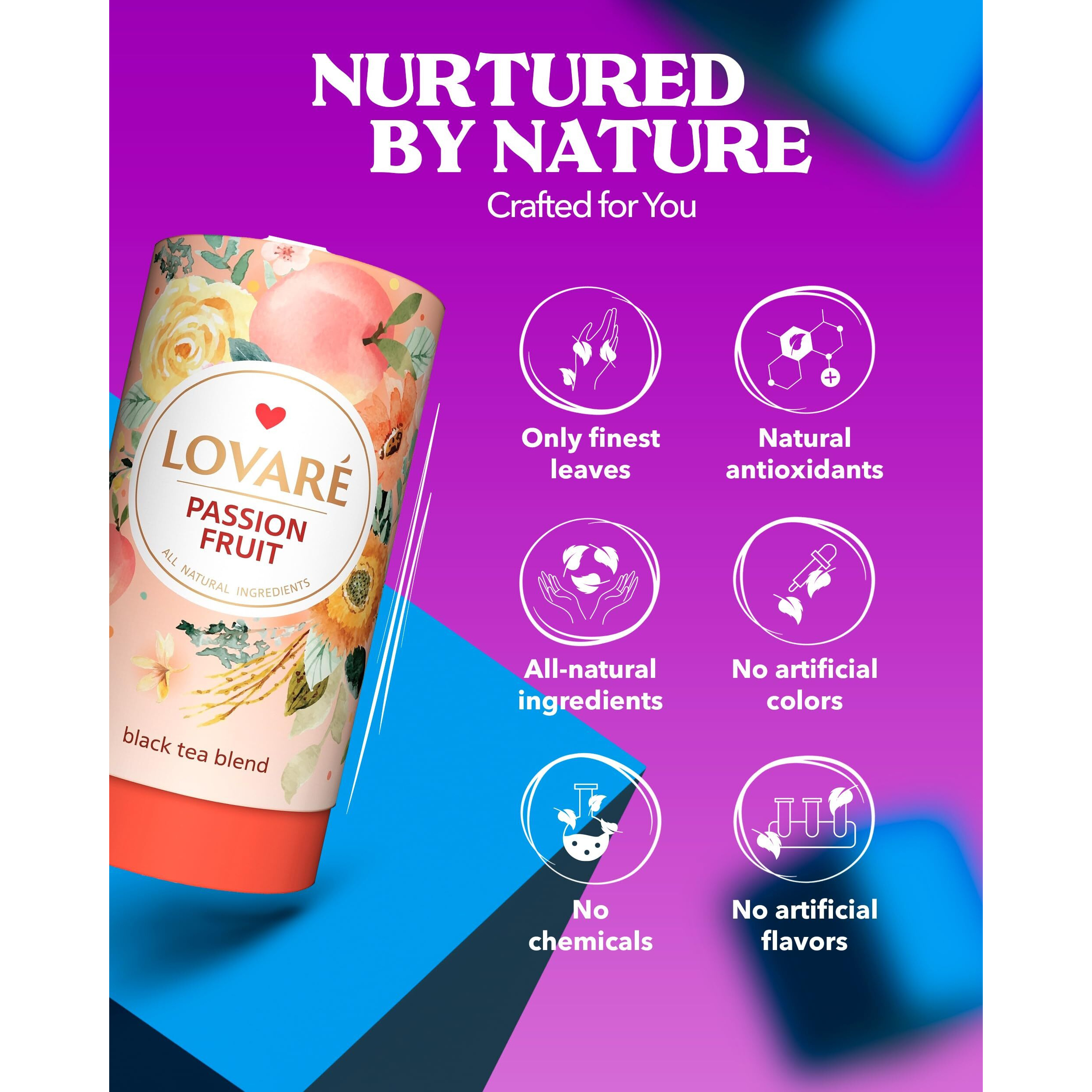 Lovare Passion Fruit Loose Leaf Tea 80 G - Made In Ukraine - Black Tea, Orange Peel, Rosebuds, Calendula Petals, Safflower Petals, Pineapple, Peach With 15 Paper Filters