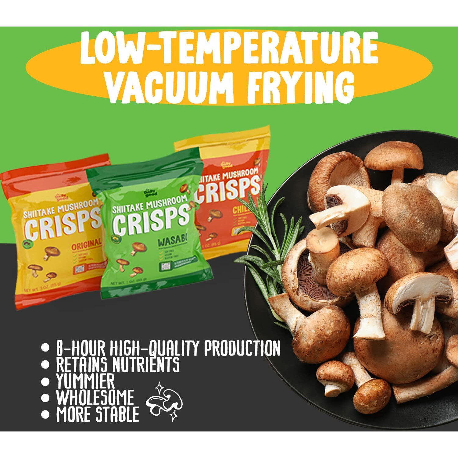 The Daily Good Shiitake Mushroom Crisps - 3-Pack Mushroom Chips, Gluten-Free Mushroom Snack, Non-Gmo, Original, Wasabi, And Mexican Chili Flavors, Vegan Food,Vegan Chips, Vegan Snacks,0.2 Lbs