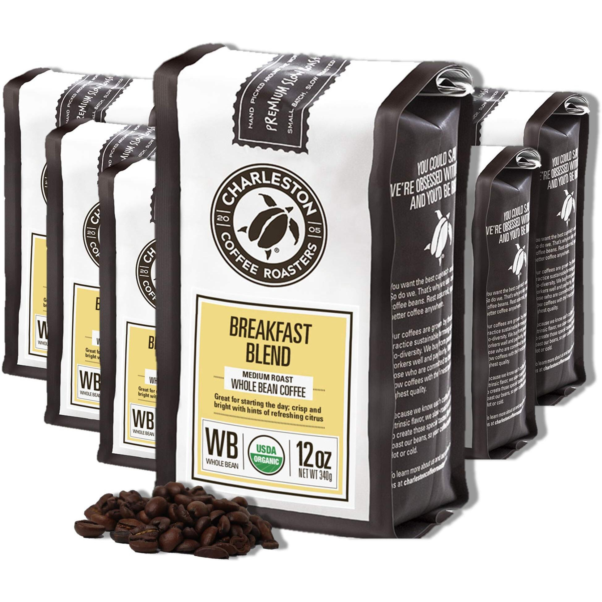 Charleston Coffee Roasters | Specialty Organic Whole Bean Coffee | Hand Picked, Premium Slow Roast | (Breakfast Blend, Medium Roast) 12Oz, 6 Pack