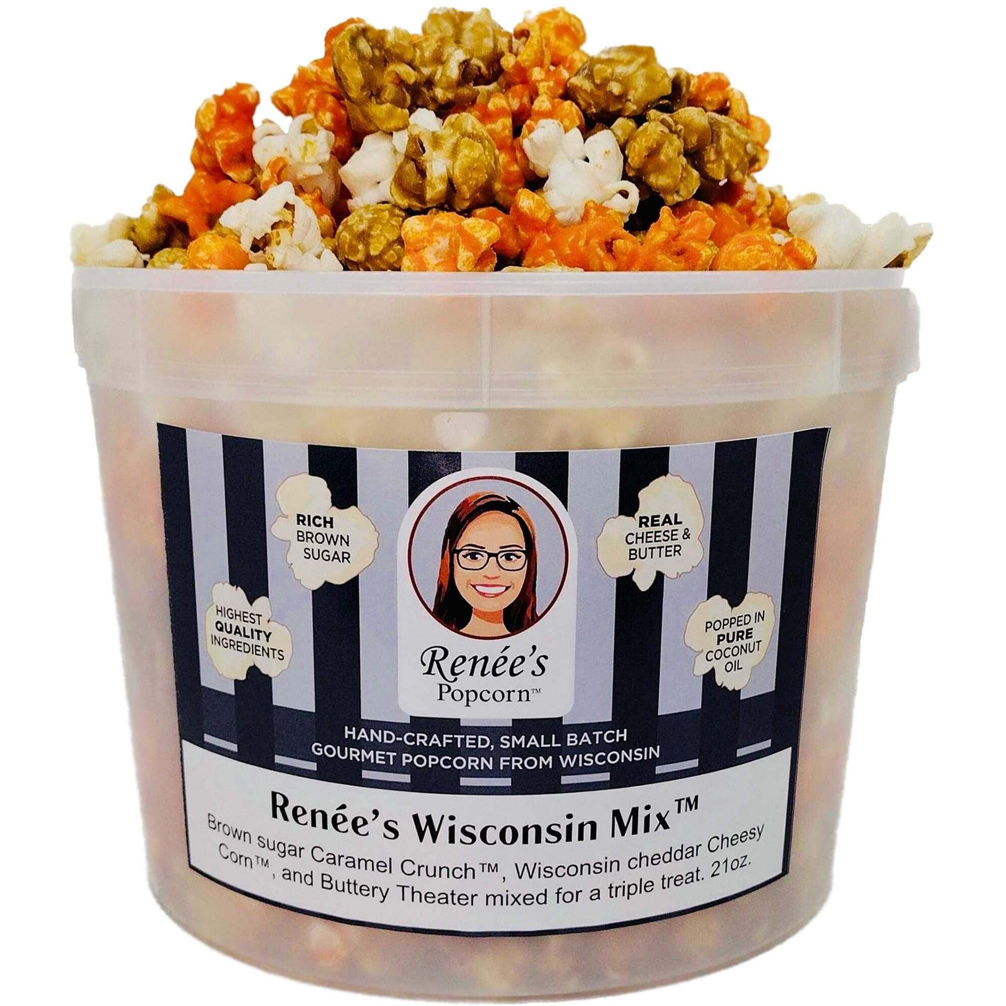 Ren  Es Wisconsin Mix Gourmet Popcorn - Mix Of 3 Flavors, Brown Sugar Caramel Crunch Corn, Wisconsin Cheddar Cheesy Corn, Sweet Salty Buttery Theater - Sweet, Cheesy, Crunchy Popped Fresh, Handmade Snack Or Gift In 1.1-Gallon Plastic Bucket Tin.
