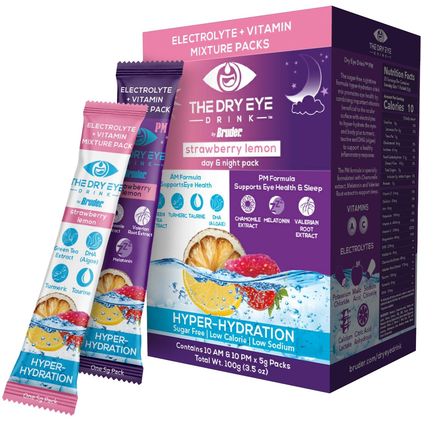The Dry Eye Drink L Ultimate Hydration For Dry Eyes L Sugar-Free Electrolyte Powder Packets L Blended With Vitamins, Green Tea, Turmeric, Taurine, And Dha L 5G X 20 Packets (Strawberry Lemon Am/Pm)