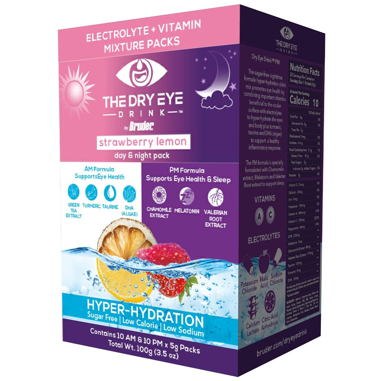 The Dry Eye Drink L Ultimate Hydration For Dry Eyes L Sugar-Free Electrolyte Powder Packets L Blended With Vitamins, Green Tea, Turmeric, Taurine, And Dha L 5G X 20 Packets (Strawberry Lemon Am/Pm)