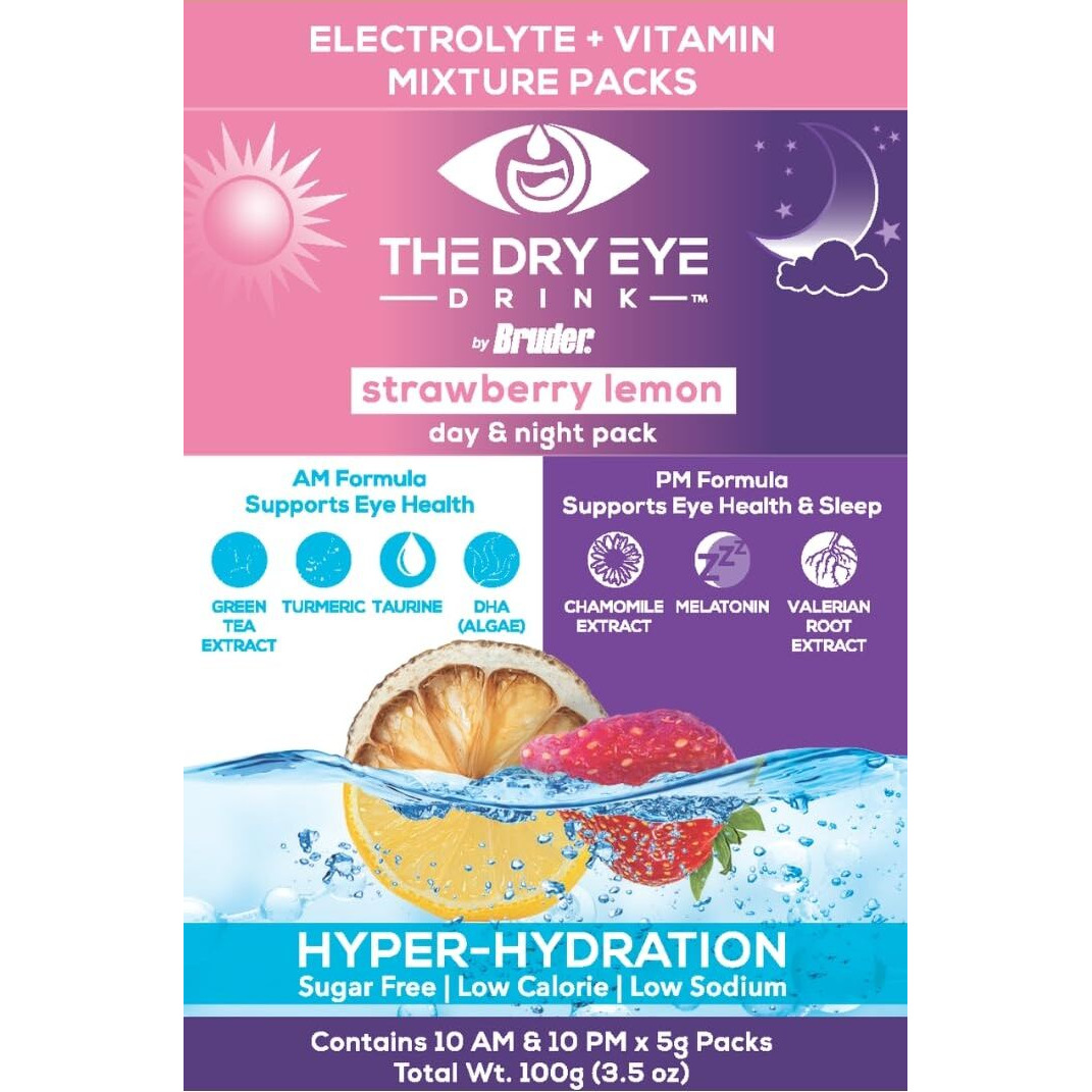 The Dry Eye Drink L Ultimate Hydration For Dry Eyes L Sugar-Free Electrolyte Powder Packets L Blended With Vitamins, Green Tea, Turmeric, Taurine, And Dha L 5G X 20 Packets (Strawberry Lemon Am/Pm)