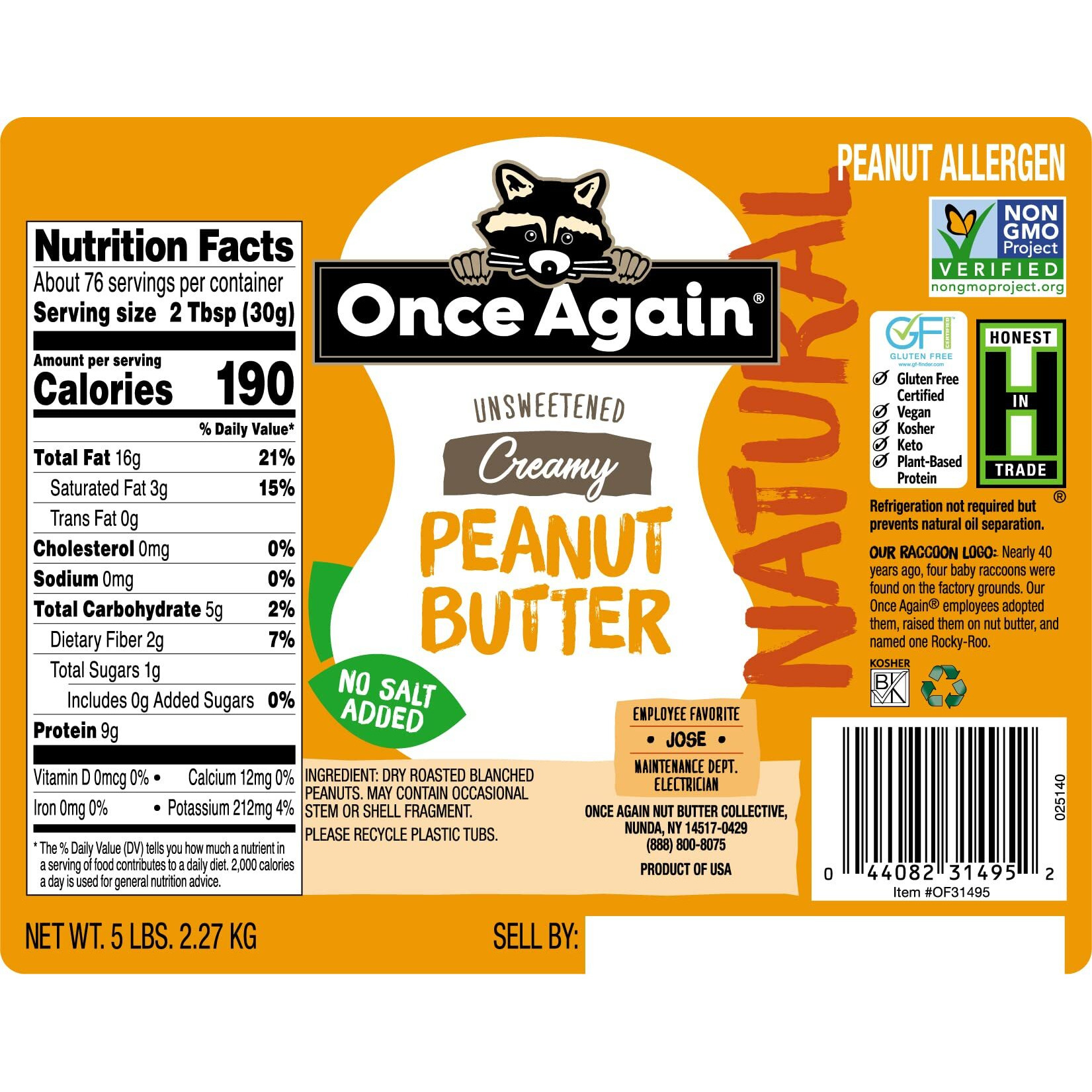 Once Again Natural, Creamy Peanut Butter, 5Lb Pantry Pal (Same As 5 Jars)- Salt Free, Unsweetened - Gluten Free Certified, Vegan, Kosher, Non-Gmo Verified