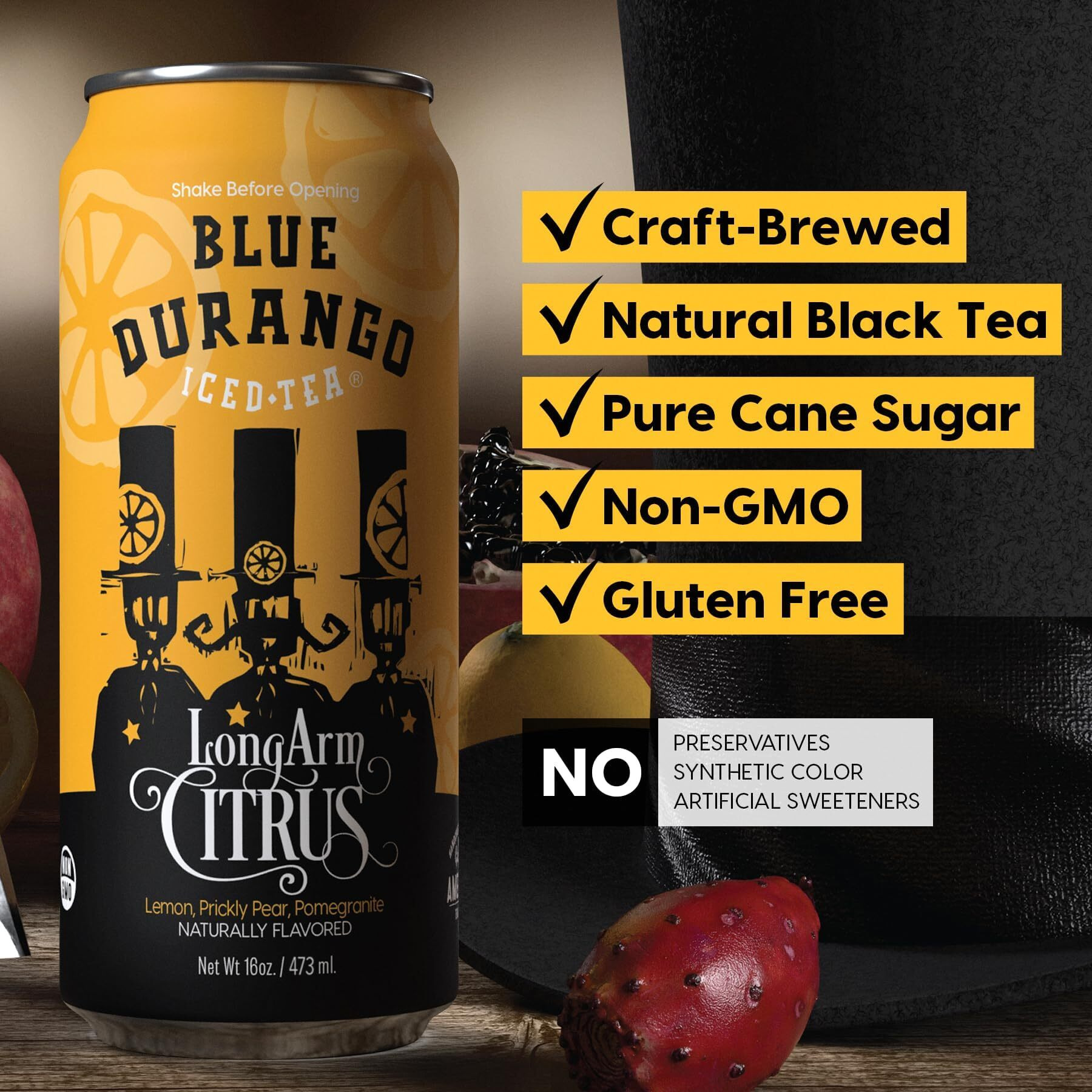 Blue Durango Iced Tea - Long Arm Citrus - Black Tea, Lemon, Prickly Pear, Pomegranate - Low Sugar, Non-Gmo, No Artificial Sweeteners, Gluten-Free - All Natural Ingredients - 16 Oz Cans (12 Pack)