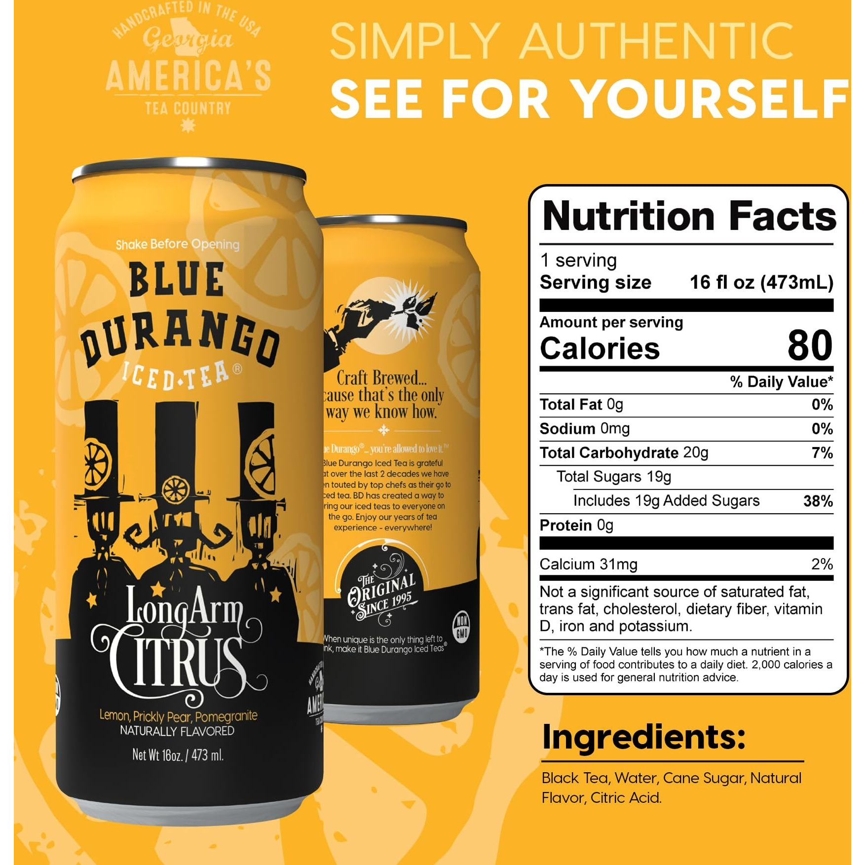 Blue Durango Iced Tea - Long Arm Citrus - Black Tea, Lemon, Prickly Pear, Pomegranate - Low Sugar, Non-Gmo, No Artificial Sweeteners, Gluten-Free - All Natural Ingredients - 16 Oz Cans (12 Pack)