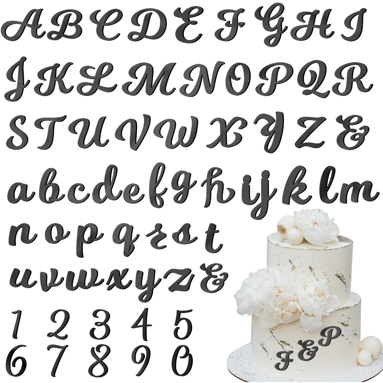 Jspupifip 64 Pcs Acrylic Cake Alphabet Numbers Topper, Mirror Number 0-9 And Alphabet A-Z Personalized Cake Picks Decor Anniversary Wedding Baby Shower Party Supplies(Black)