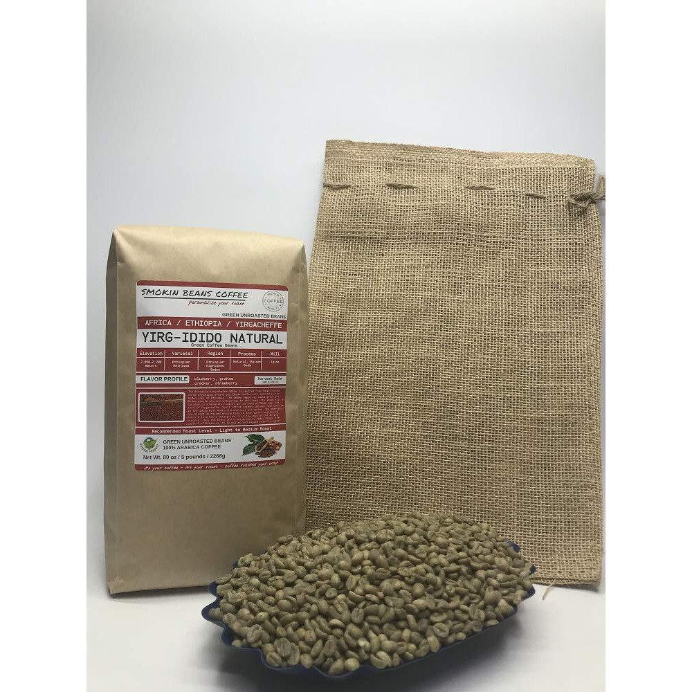 5 Pounds - African - Ethiopia Yirg-Idido Natural - Unroasted Arabica Green Coffee Beans - Ethiopian Heirloom - Drying Process Natural On Raised Beds - Mill Idido - Family Farms - Includes Burlap Bag