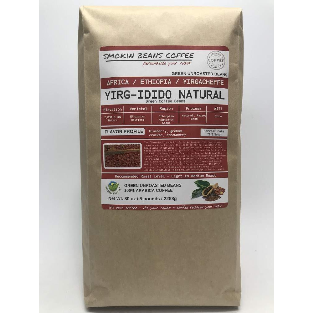 5 Pounds - African - Ethiopia Yirg-Idido Natural - Unroasted Arabica Green Coffee Beans - Ethiopian Heirloom - Drying Process Natural On Raised Beds - Mill Idido - Family Farms - Includes Burlap Bag