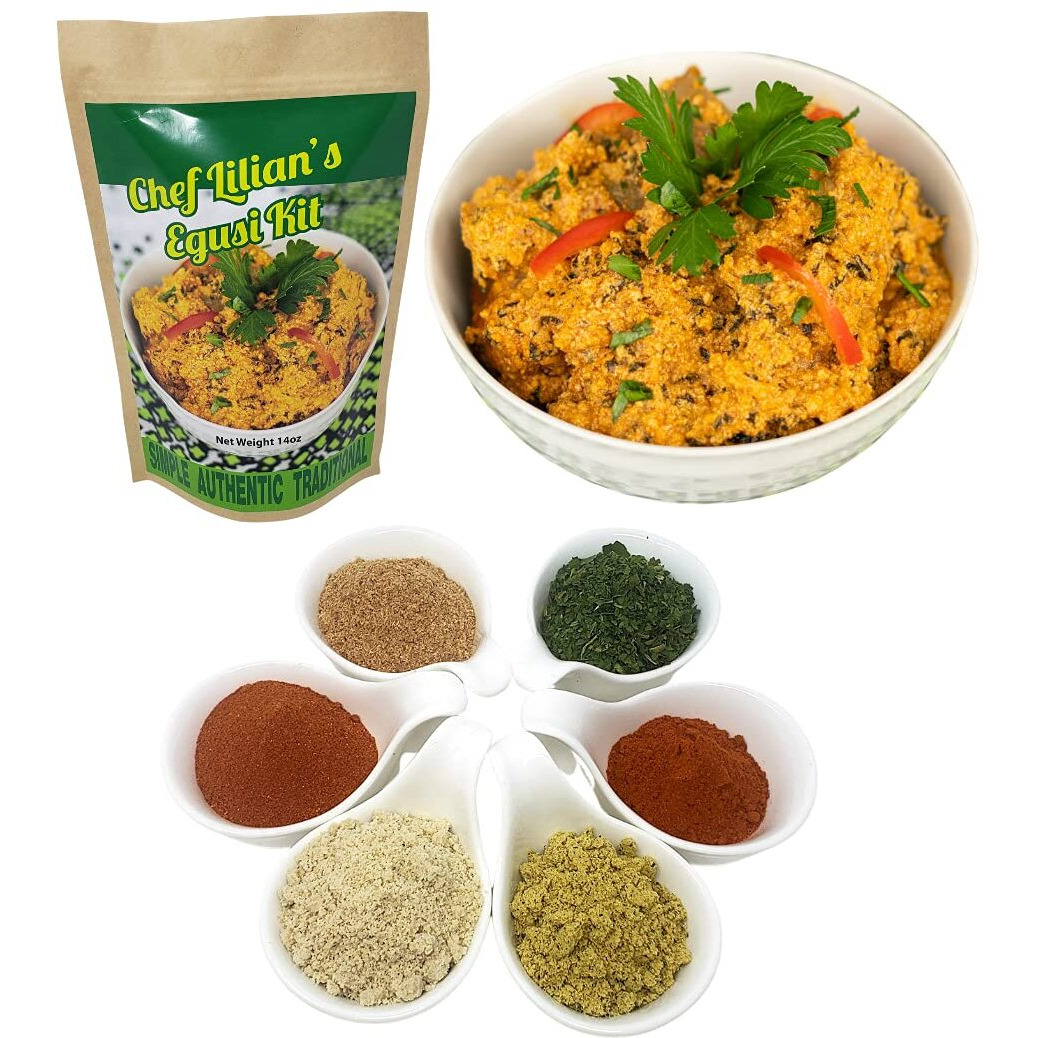 Chef Lilian's Egusi Kit- Nigerian West African Food Kit With Ground Melon Seeds (Egusi), Dehydrated Spinach, Traditional Seasoning Powder, Hot Chili Powder Soup, Mix 4 Servings (Pack Of 2)
