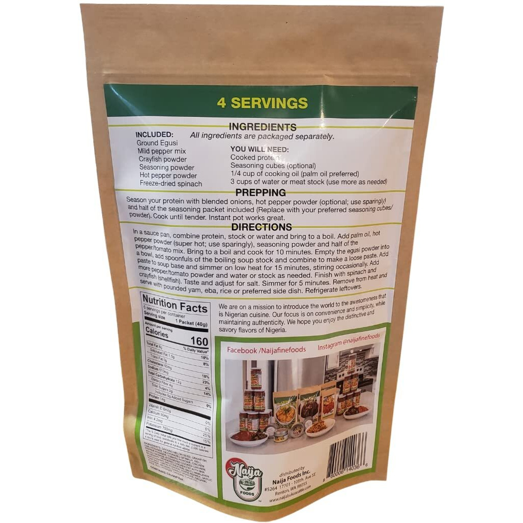 Chef Lilian's Egusi Kit- Nigerian West African Food Kit With Ground Melon Seeds (Egusi), Dehydrated Spinach, Traditional Seasoning Powder, Hot Chili Powder Soup, Mix 4 Servings (Pack Of 2)