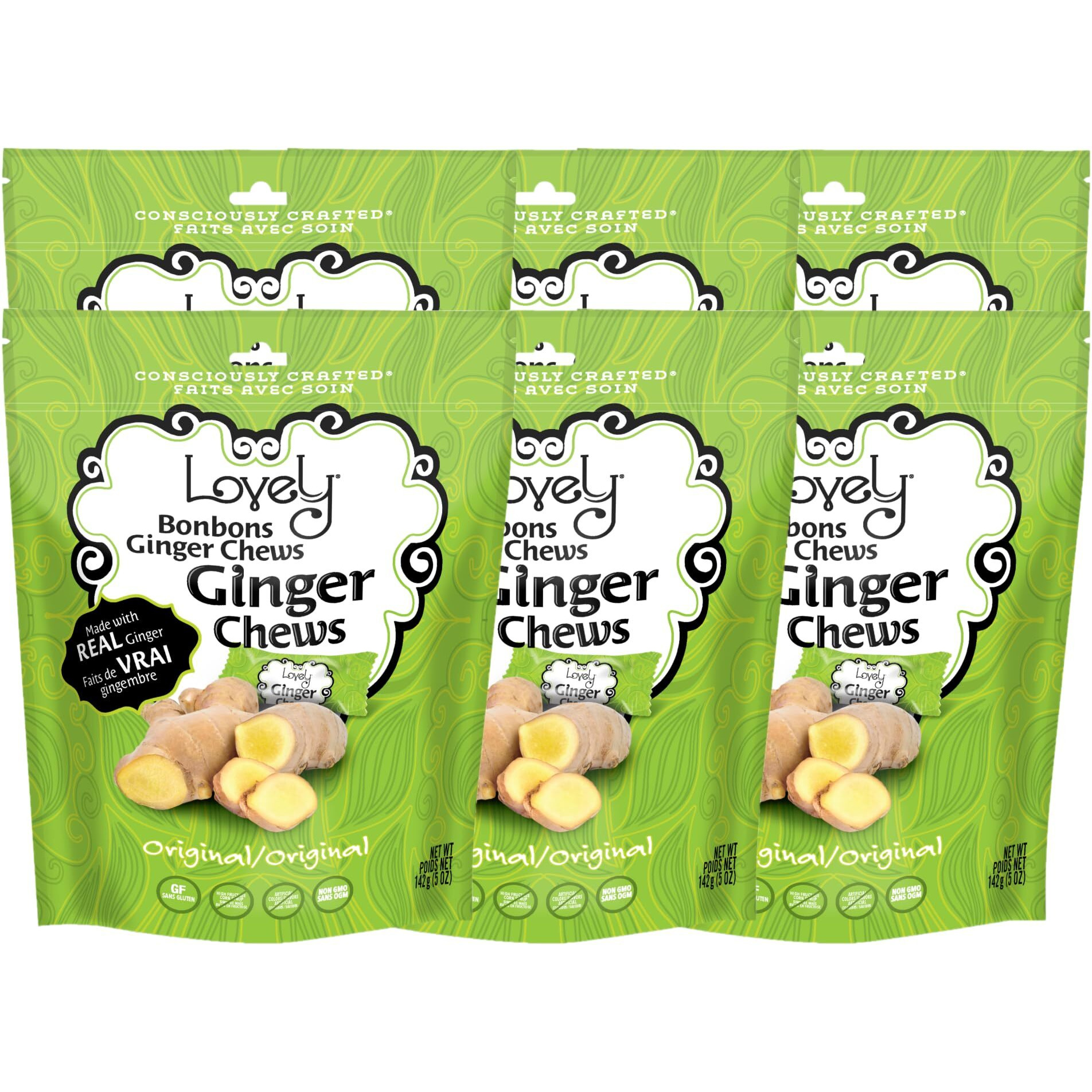 Lovely Candy Co. Original Ginger Chews, Made With Real Ginger, Individually Wrapped, 5Oz (6-Pack) | Gluten-Free, Non-Gmo, No Artificial Ingredients, No High Fructose Corn Syrup | 3 Simple Ingredients