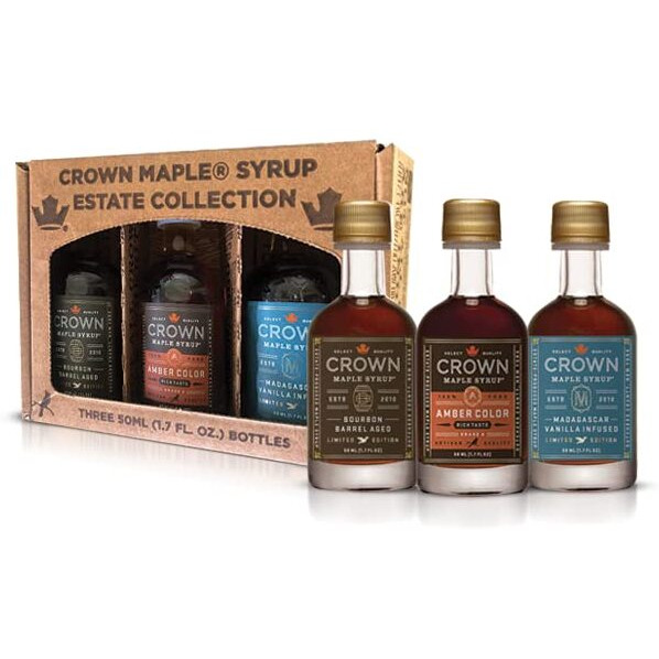 Crown Maple Premium Trio Collection In Petite 50Ml (1.7 Fl. Oz.) Window Box Featuring Amber Color, Bourbon Barrel Aged, And Madagascar Vanilla Infused Organic Maple Syrup