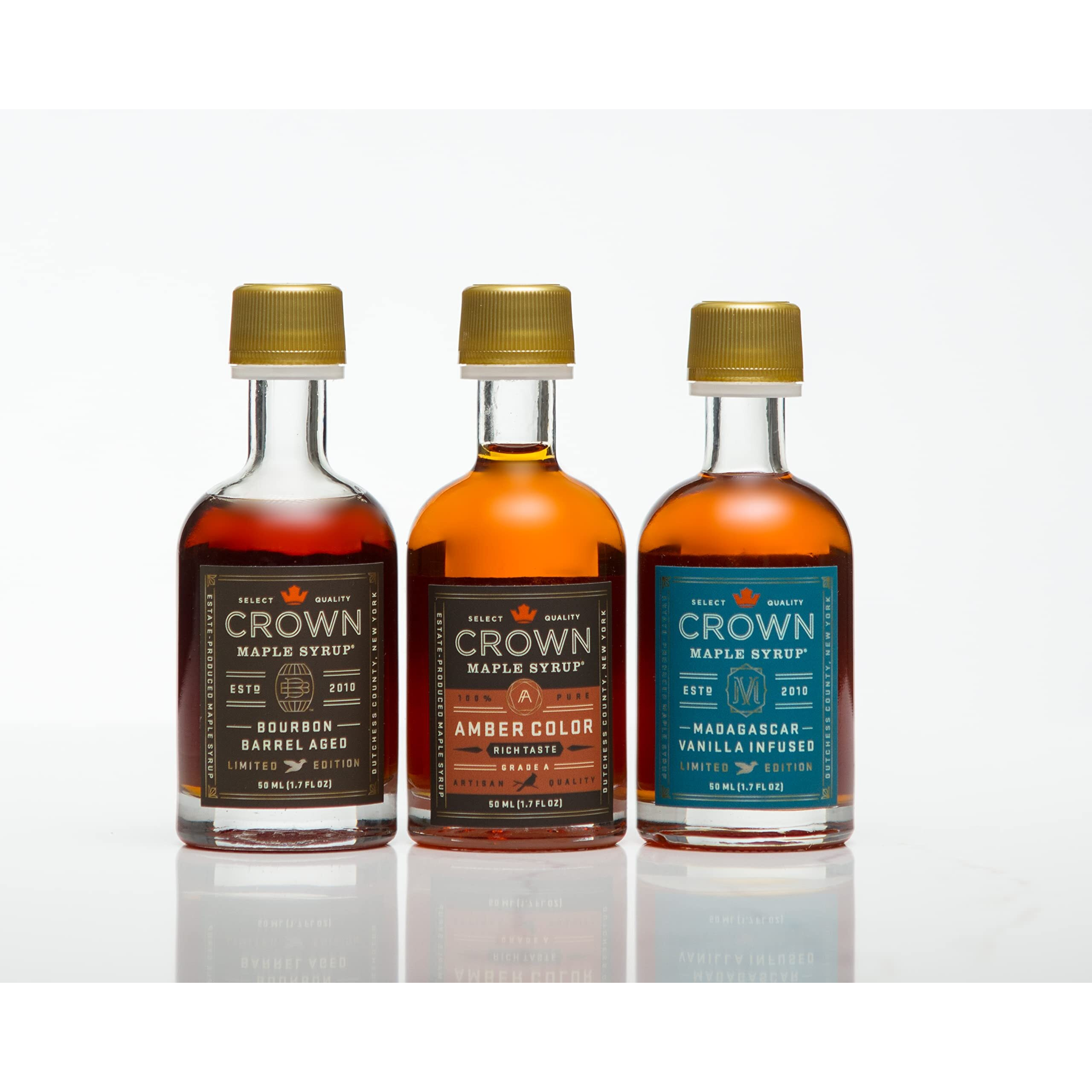 Crown Maple Premium Trio Collection In Petite 50Ml (1.7 Fl. Oz.) Window Box Featuring Amber Color, Bourbon Barrel Aged, And Madagascar Vanilla Infused Organic Maple Syrup