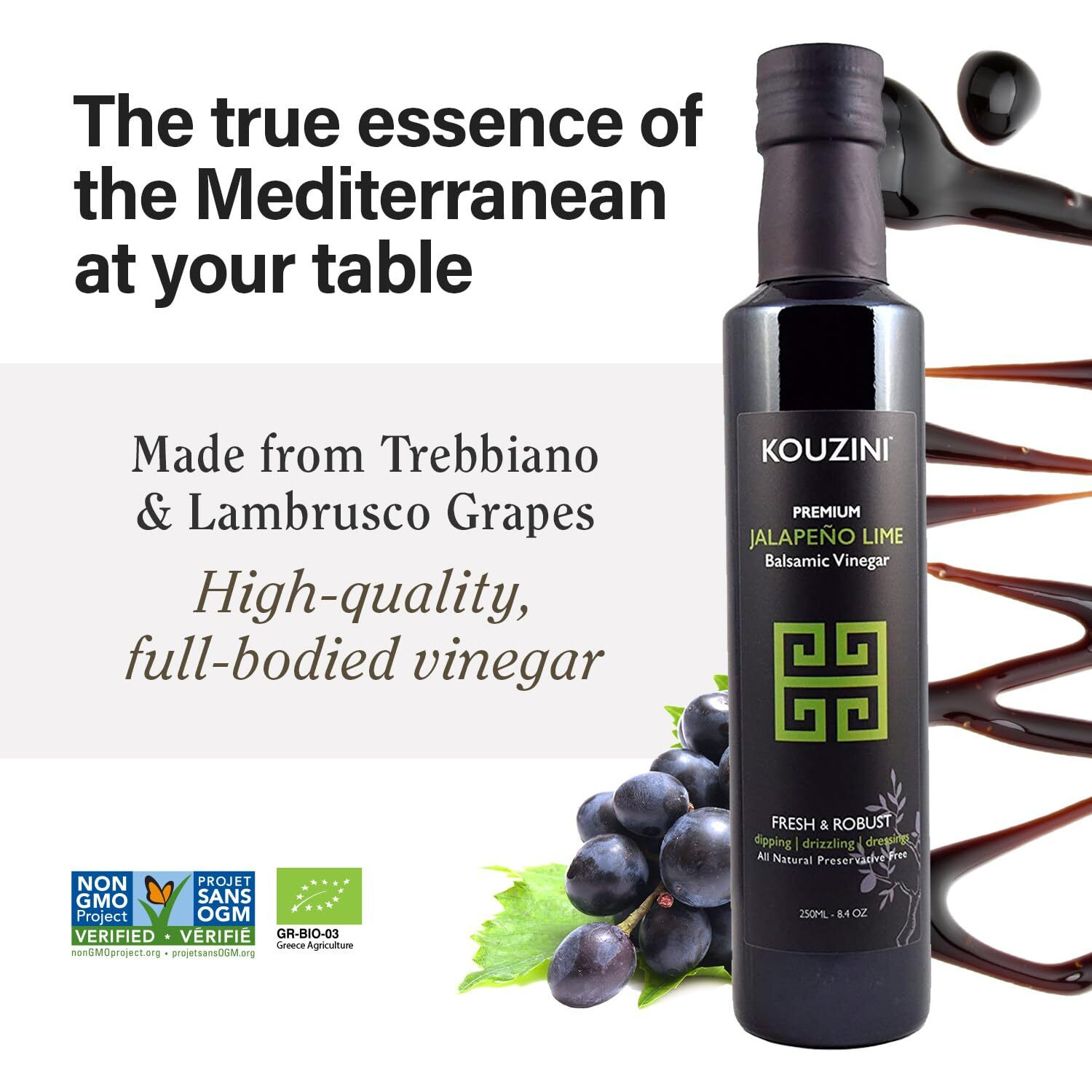 Kouzini Ultra Premium Jalapeno Lime Balsamic Vinegar, Aged Balsamic Vinegars From Modena, Italy, Premium, Smooth & Full-Bodied Flavor, 250Ml Bottle