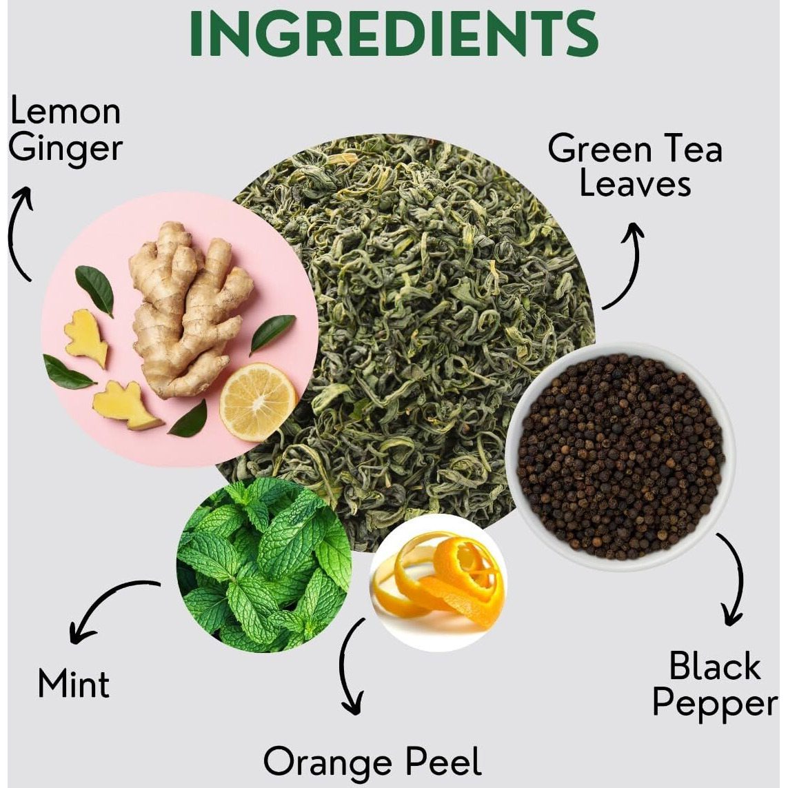 Lemon Ginger Green Tea Bags (50 Count), Green Tea With Orange Peel, Black Pepper & Mint Extract, Caffeinated, Real And Natural Green Tea, Blended With Fresh Herbs And Spices, Gluten Free