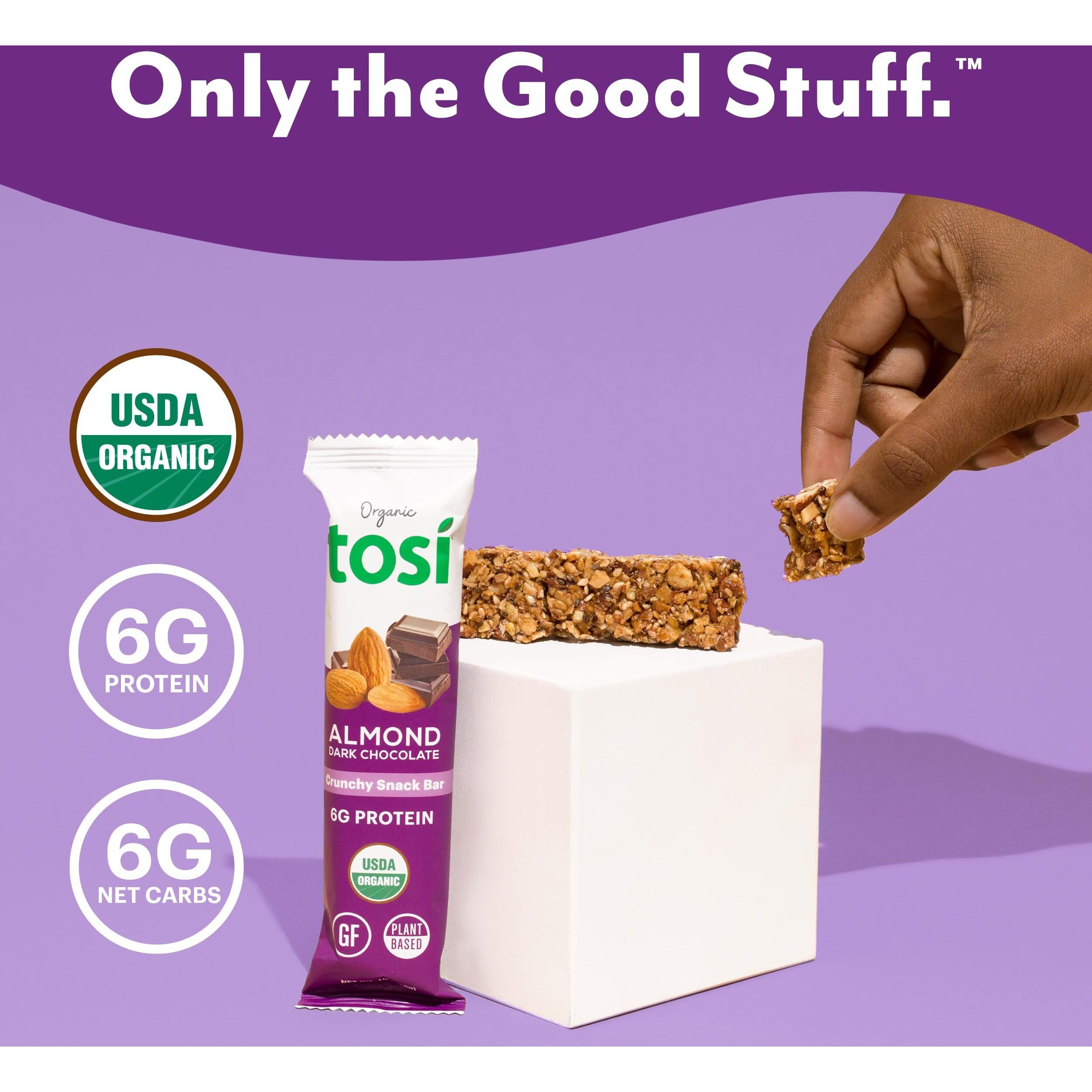 Tosi Dark Chocolate Almond Protein Bars, Plant Based With Nuts, Gluten-Free Crunchy Snacks, Vegan, Organic, Flax & Chia Seeds, Soy-Free, Omega 3S, 6G Protein, 1 Oz, 12-Pack