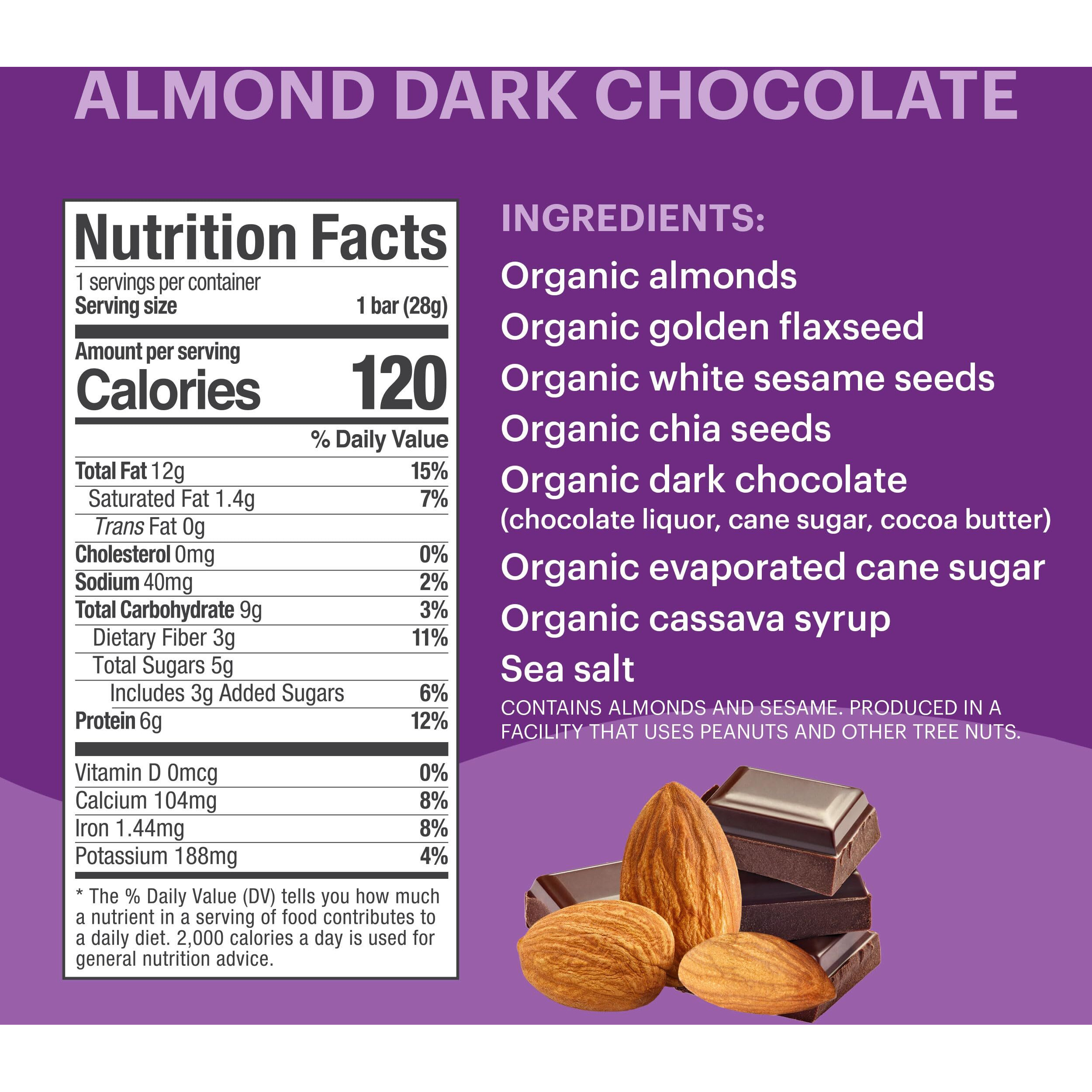 Tosi Dark Chocolate Almond Protein Bars, Plant Based With Nuts, Gluten-Free Crunchy Snacks, Vegan, Organic, Flax & Chia Seeds, Soy-Free, Omega 3S, 6G Protein, 1 Oz, 12-Pack