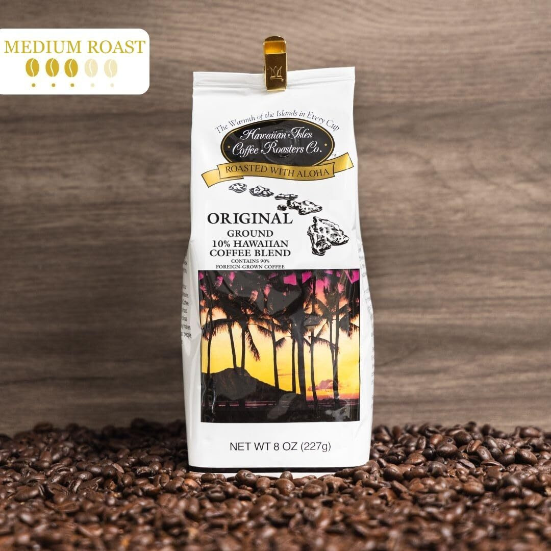 Hawaiian Isles Coffee Original Signature Roast, Medium Roast Ground Coffee, 10% Hawaiian Coffee Blend, Roasted With Aloha - 8 Ounce Bag