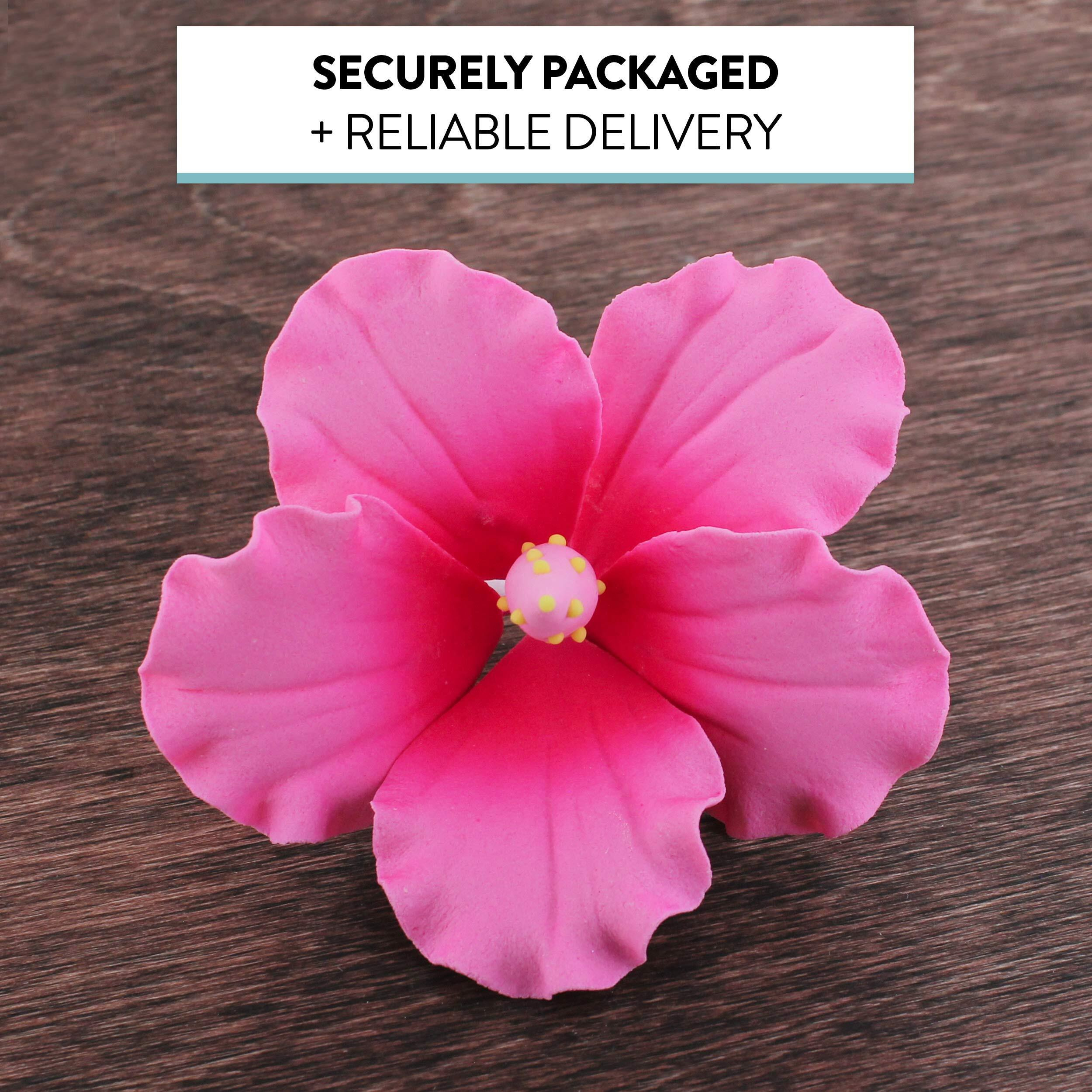 Global Sugar Art Hibiscus Sugar Cake Flowers, Hot Pink, Large, Hawaiian Cake Flower Large 3 Count By Chef Alan Tetreault