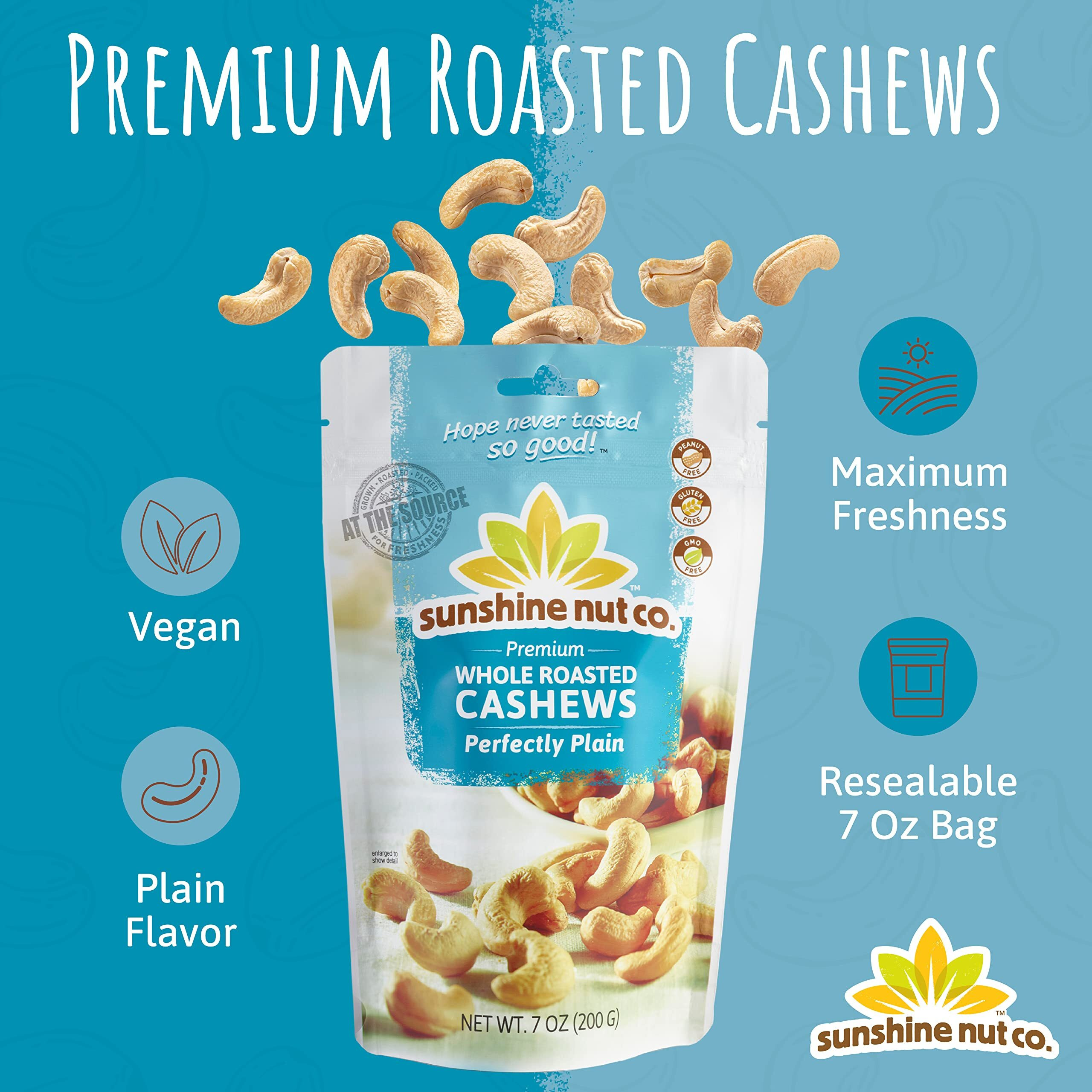 Whole Roasted Cashews By Sunshine Nut Co., Gluten Free, Peanut Free And Vegan Individual Snack Packs For Kids And Adults, Perfectly Plain Flavor, No Added Salt, Gmo Free, 4 Pack, 7 Oz. Each