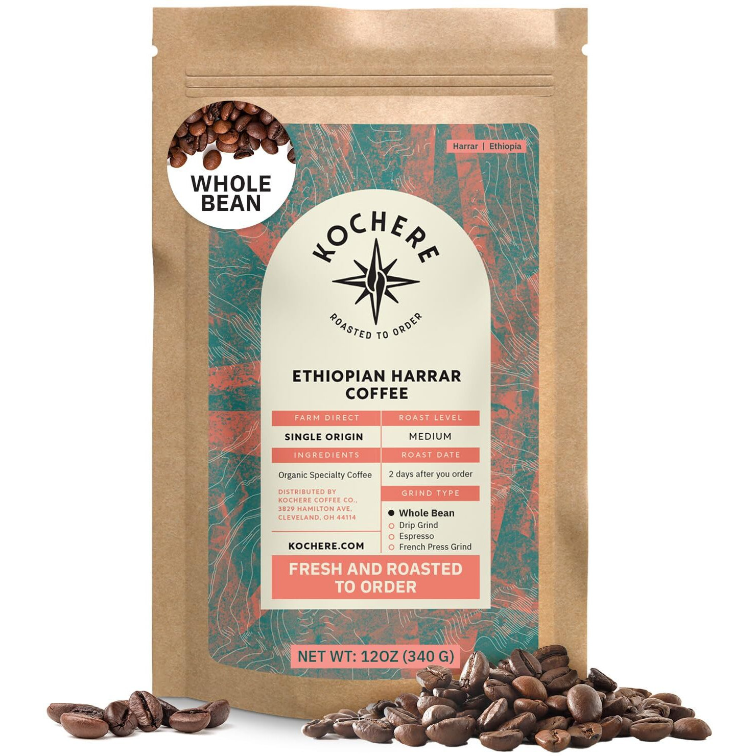 Organic Ethiopian Whole Bean Coffee Medium Roast - 12 Oz, Single Origin Ethiopian Harrar Coffee Beans, Specialty Coffee, Fair Trade, Chocolate & Fruity Notes - Roasted To Order