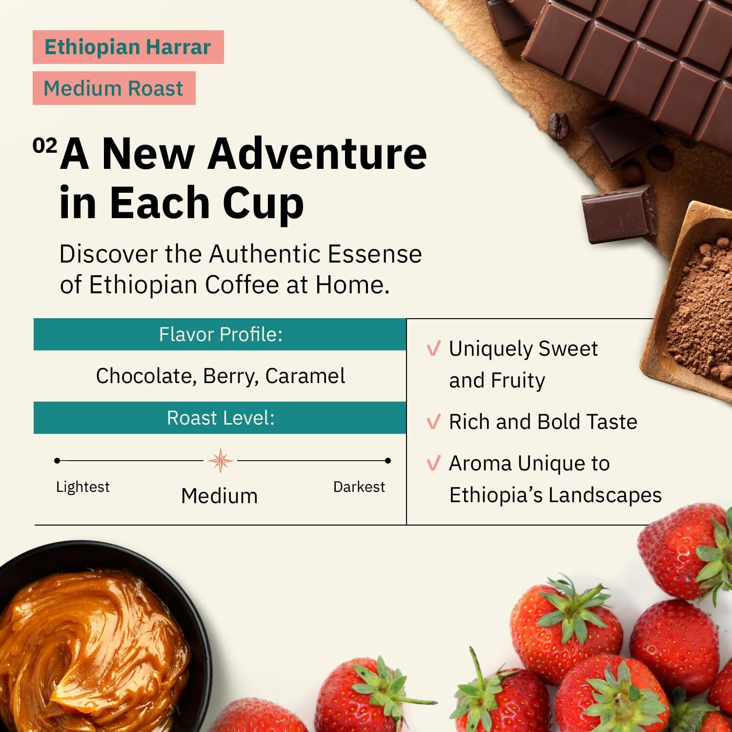 Organic Ethiopian Whole Bean Coffee Medium Roast - 12 Oz, Single Origin Ethiopian Harrar Coffee Beans, Specialty Coffee, Fair Trade, Chocolate & Fruity Notes - Roasted To Order