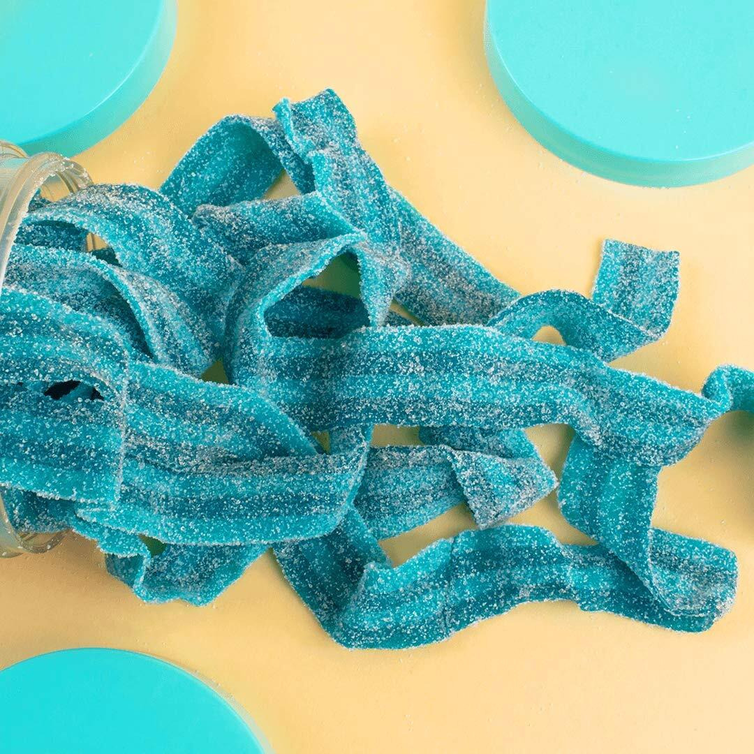 Candy Club Gourmet Gummy Blue Razz Sour Belts, Vegan, Sweet And Chewy Fruit Strips For Gifts, Parties, Snacks, Candy Buffets, Etc. - 5Oz Jar