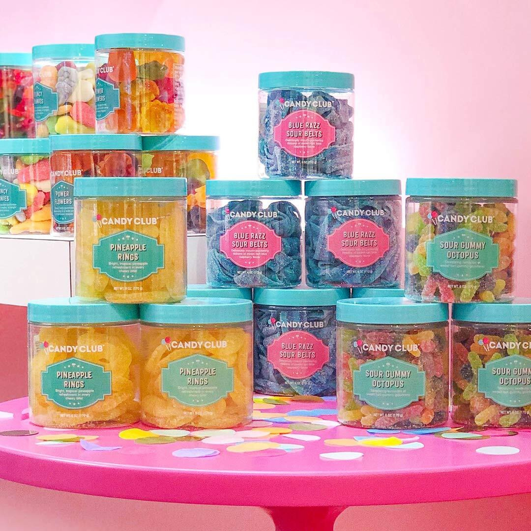 Candy Club Gourmet Gummy Blue Razz Sour Belts, Vegan, Sweet And Chewy Fruit Strips For Gifts, Parties, Snacks, Candy Buffets, Etc. - 5Oz Jar