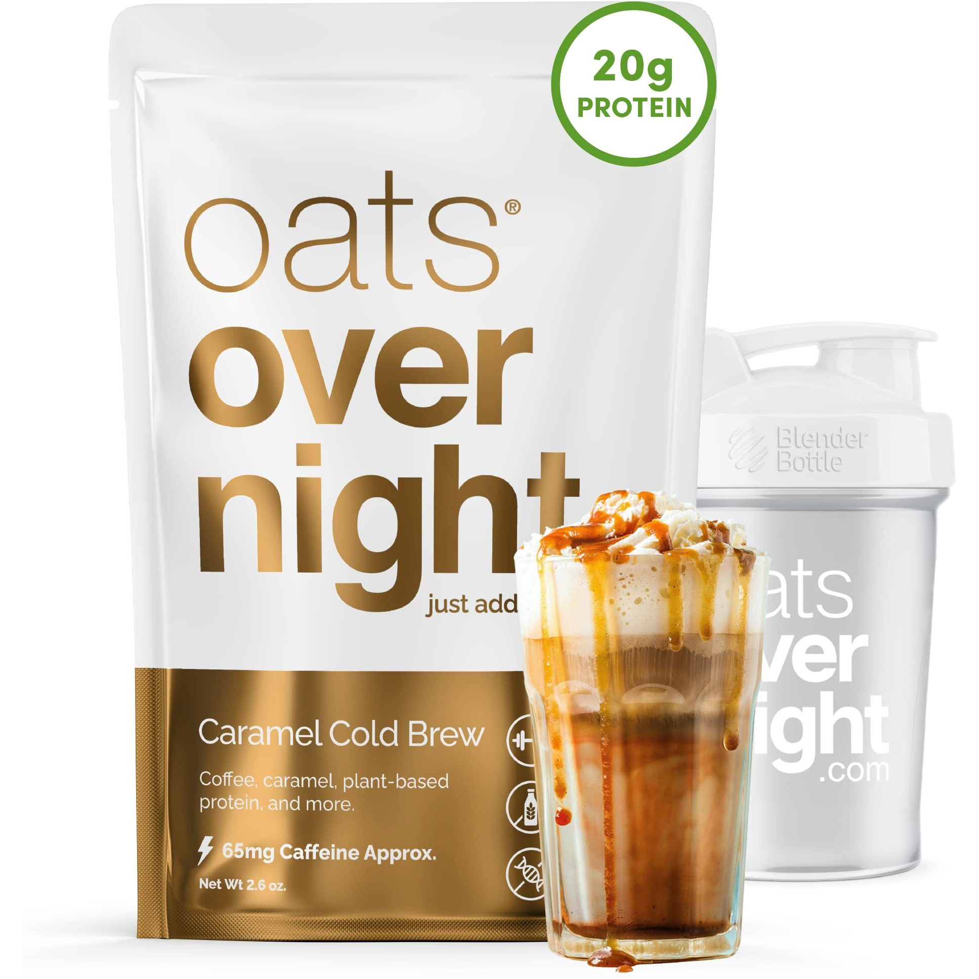 Oats Overnight - Caramel Cold Brew - Vegan, 20G Protein, High Fiber Breakfast Shake 65Mg Caffeine - Gluten Free, Non Gmo Oatmeal (2.6 Oz Per Meal) (8 Pack + Blenderbottle)