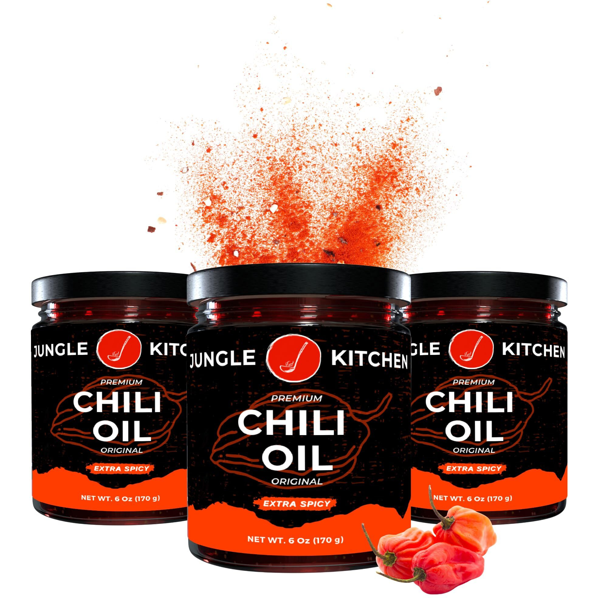 Jungle Kitchen Extra Spicy Crunchy Garlic Chili Oil Hot Chili Oil Vegan & Gluten-Free Great For Sauce & Toppings, 6Oz 3 Pack