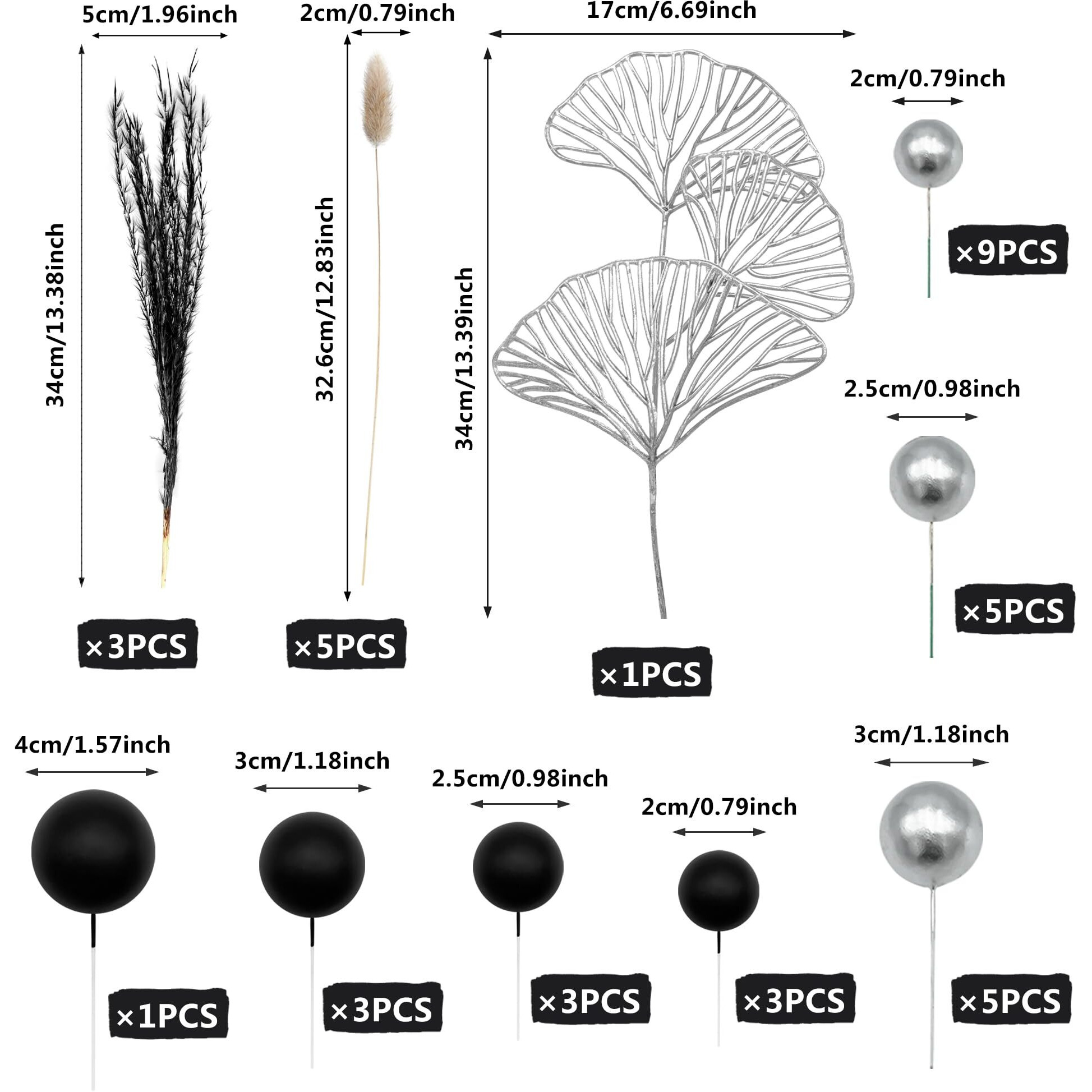 38 Pcs Silver Black Cake Toppers Ball Cake Decoration Boho Bunny Tails Reed Grass Cake Decoration For Boho Wedding Birthday Baby Shower Party Cake Decoration Supplies