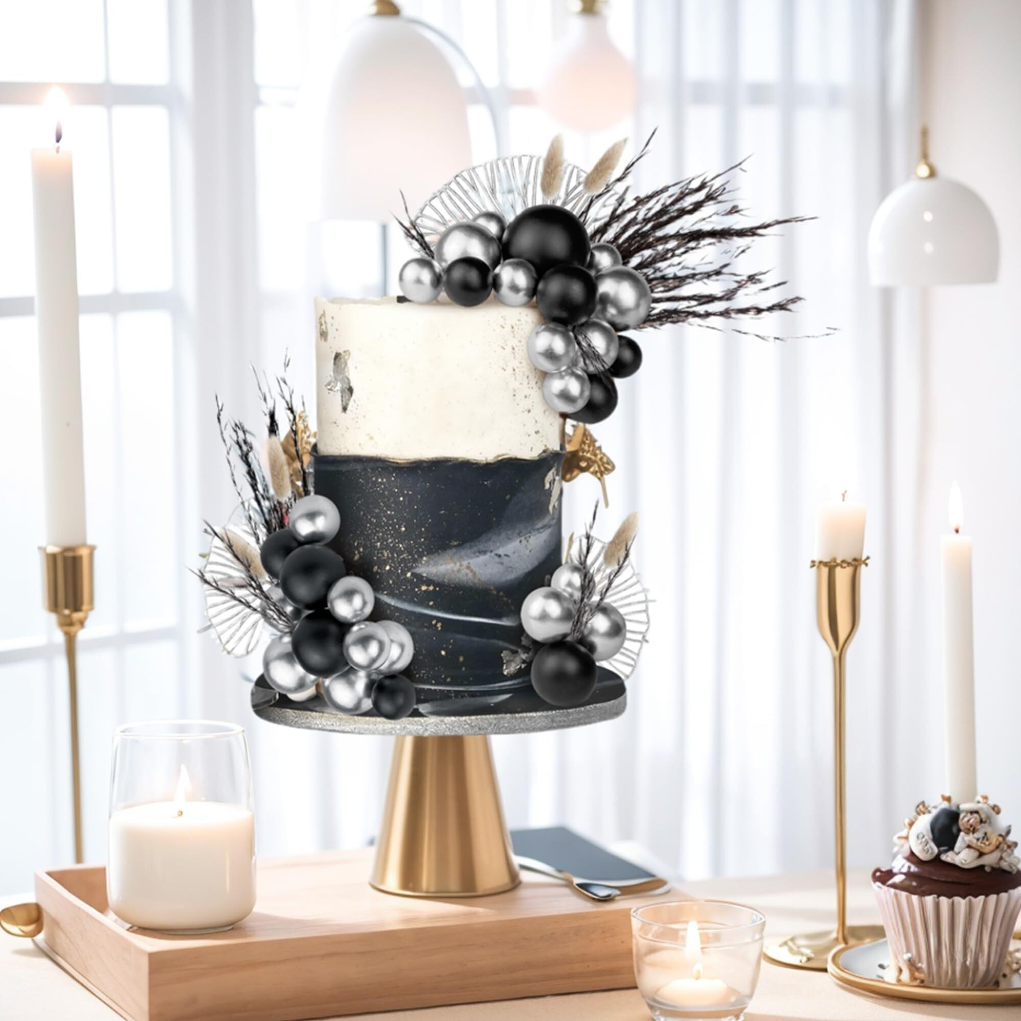 38 Pcs Silver Black Cake Toppers Ball Cake Decoration Boho Bunny Tails Reed Grass Cake Decoration For Boho Wedding Birthday Baby Shower Party Cake Decoration Supplies