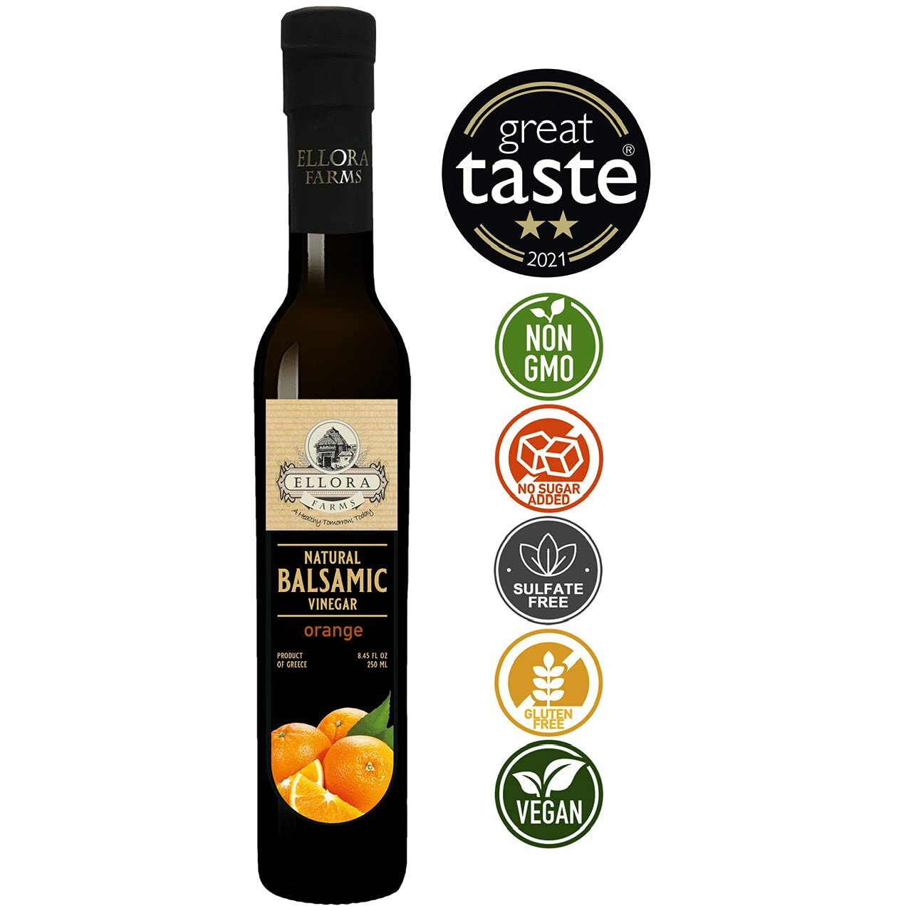 Ellora Farms, Orange Infused Aged Balsamic Vinegar, No-Added Sugars, No-Preservatives, 8.5 Oz (250 Ml) Glass Bottle, Pack Of 1